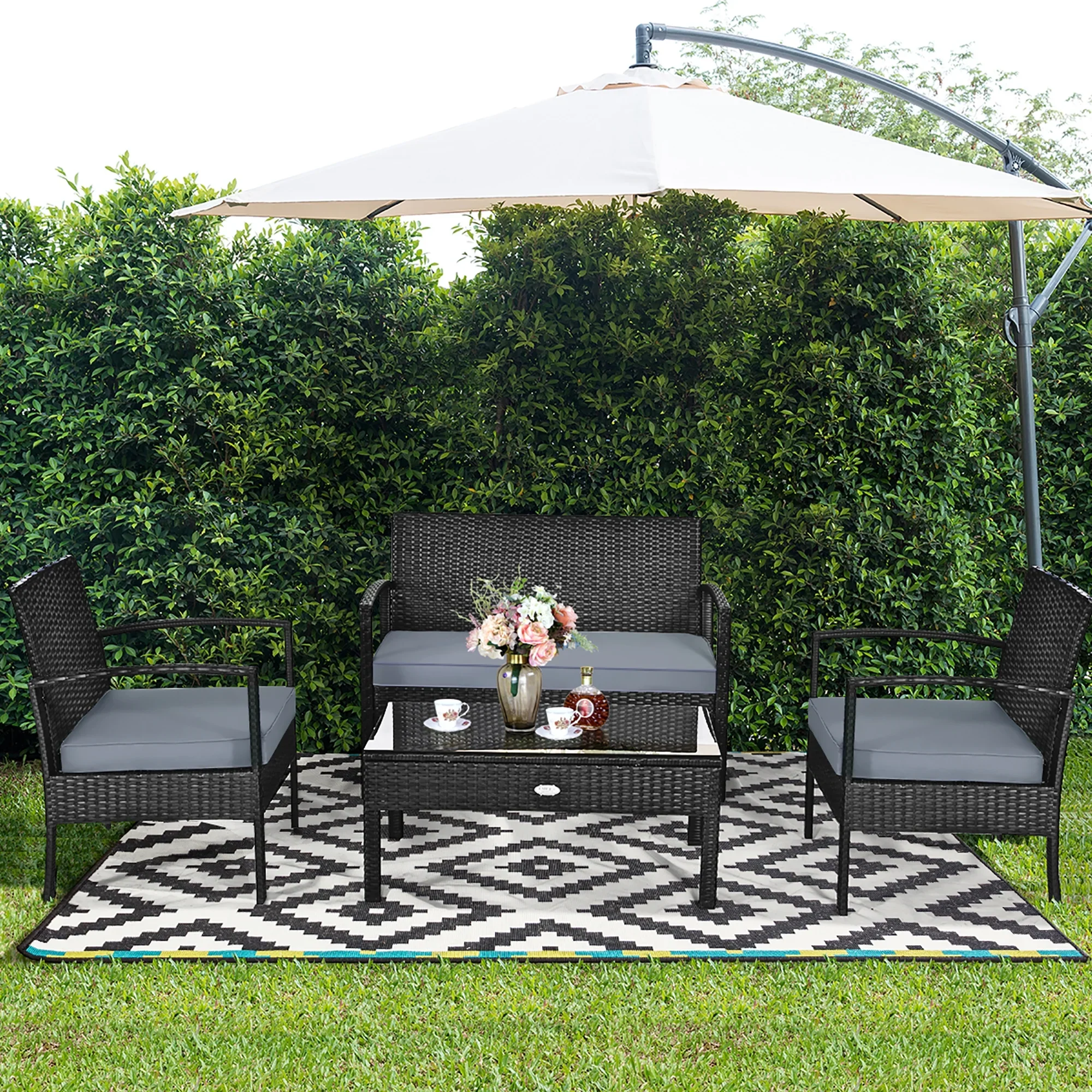 Costway 4PCS Patio Rattan Wicker Furniture Set Loveseat Sofa Cushioned Garden Yard Brown