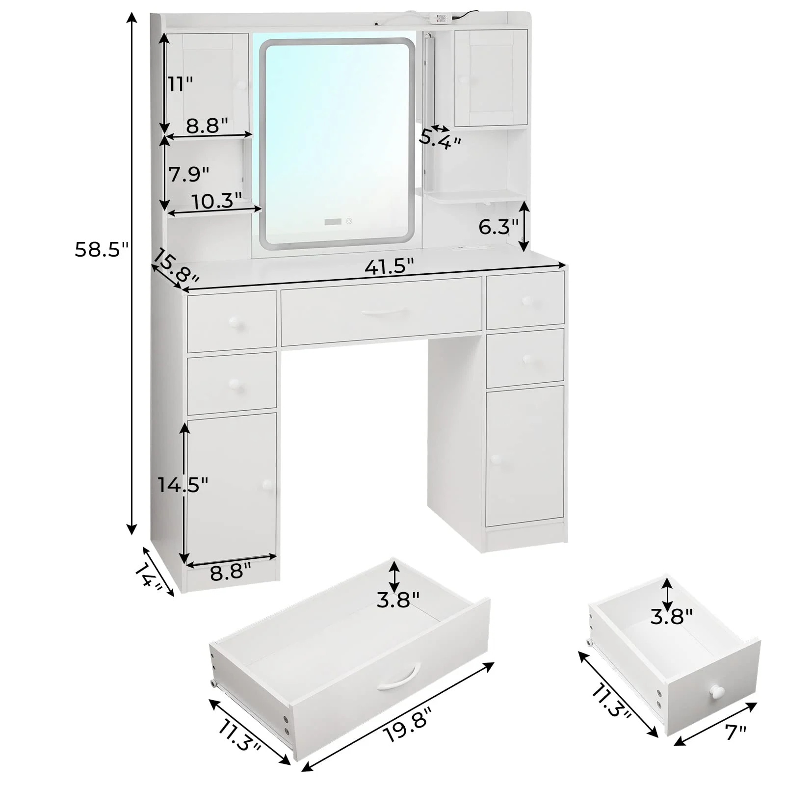 Large Vanity Desk with Lighted Mirror, 5 Drawers Makeup Vanity with Charging Station and Smart Mirror, White(White) - Image 4