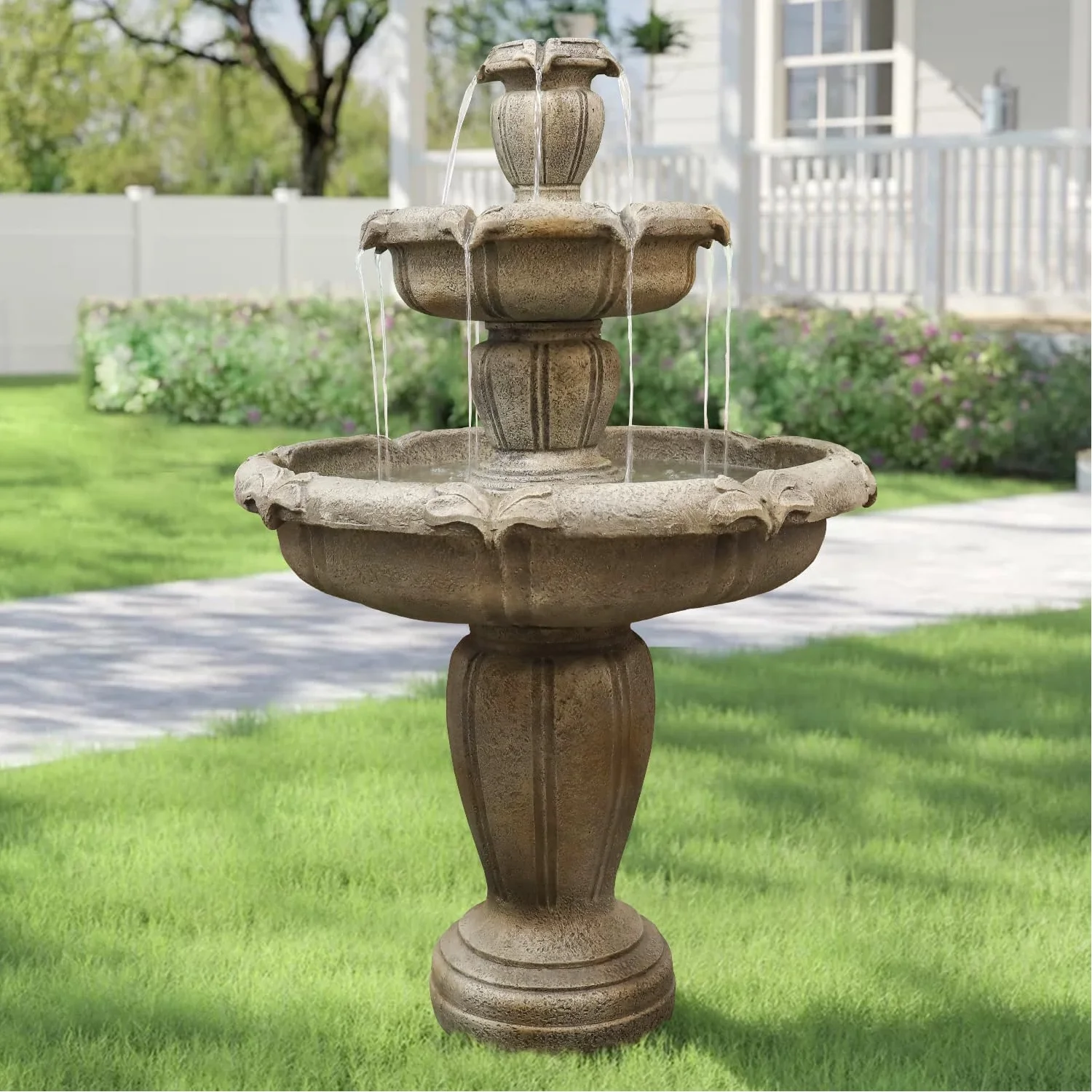 48�?H Outdoor Floor Water Fountain, 3-Tiers Concrete Water Fountain with Submersible Electric Pump Garden Cascading Waterfall for Yard Patio Lawn Home Decor(Brown 1) - Image 6