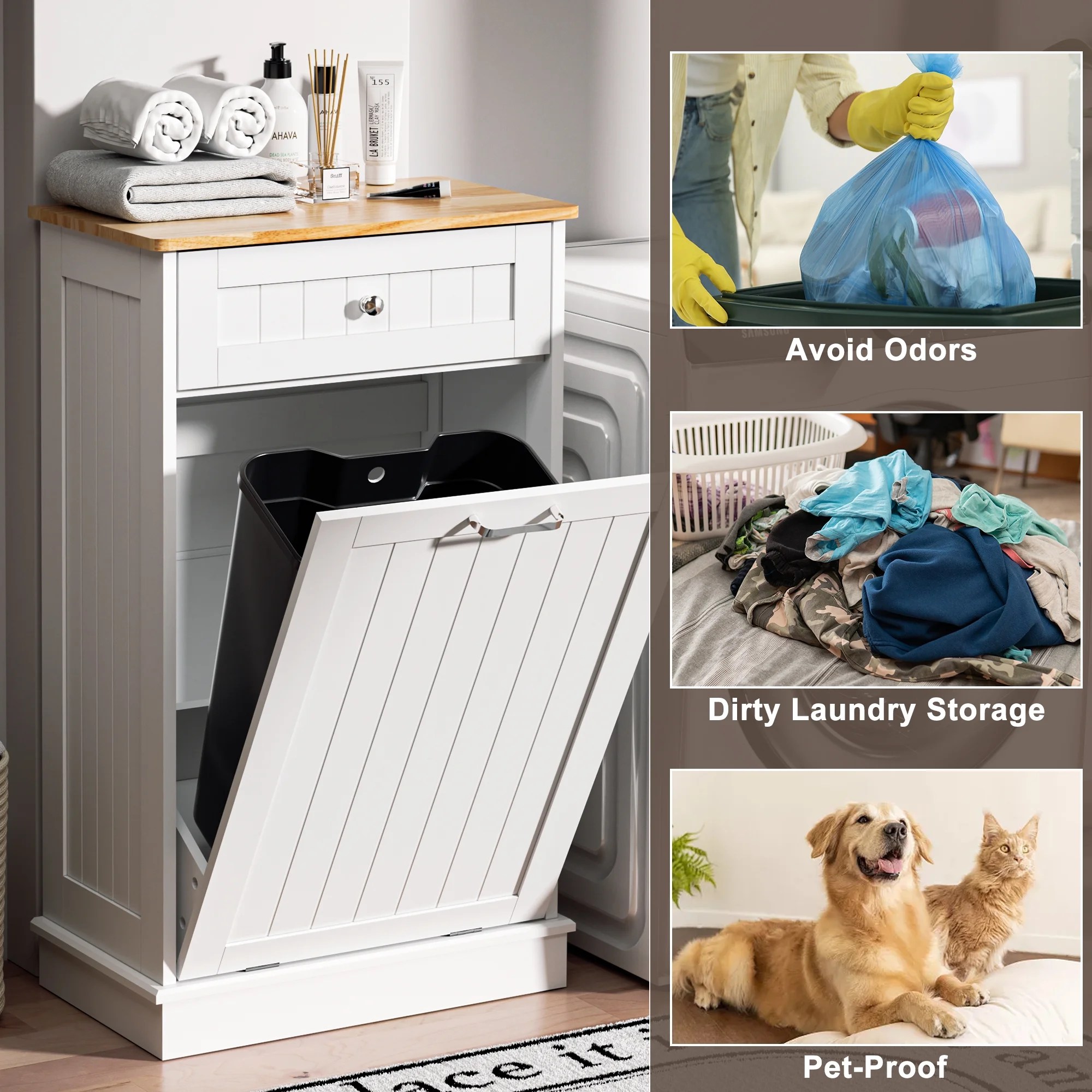 Single Tilt Out Trash Cabinet for 13 Gallon Waste Bin, Free Standing Kitchen Trash Can Cabinet with Drawers, White(White/13 gal) - Image 10