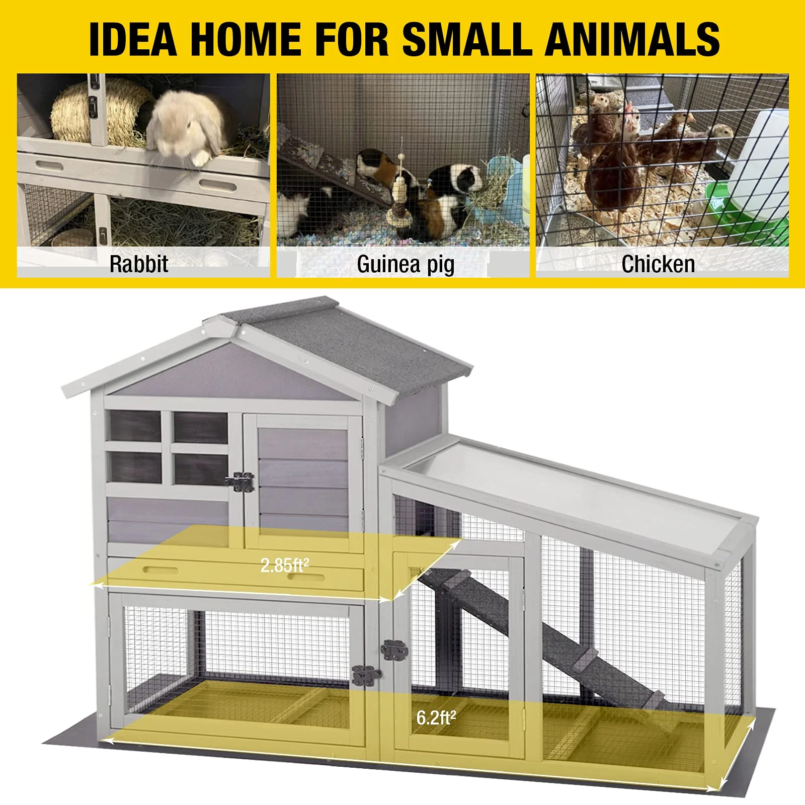 Rabbit Hutch Outdoor Indoor Bunny Cage with Pull Out Tray, Upgraded Chicken Coop with Removable Wire Mesh Bottom, Gray - Image 3