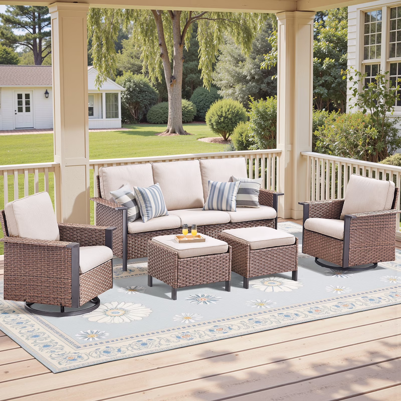 Opohoro 5-Piece Outdoor Conversation Set with Wide Armrest Patio Sofa, Ottomans and Swivel Rocking Chairs for Porch Garden