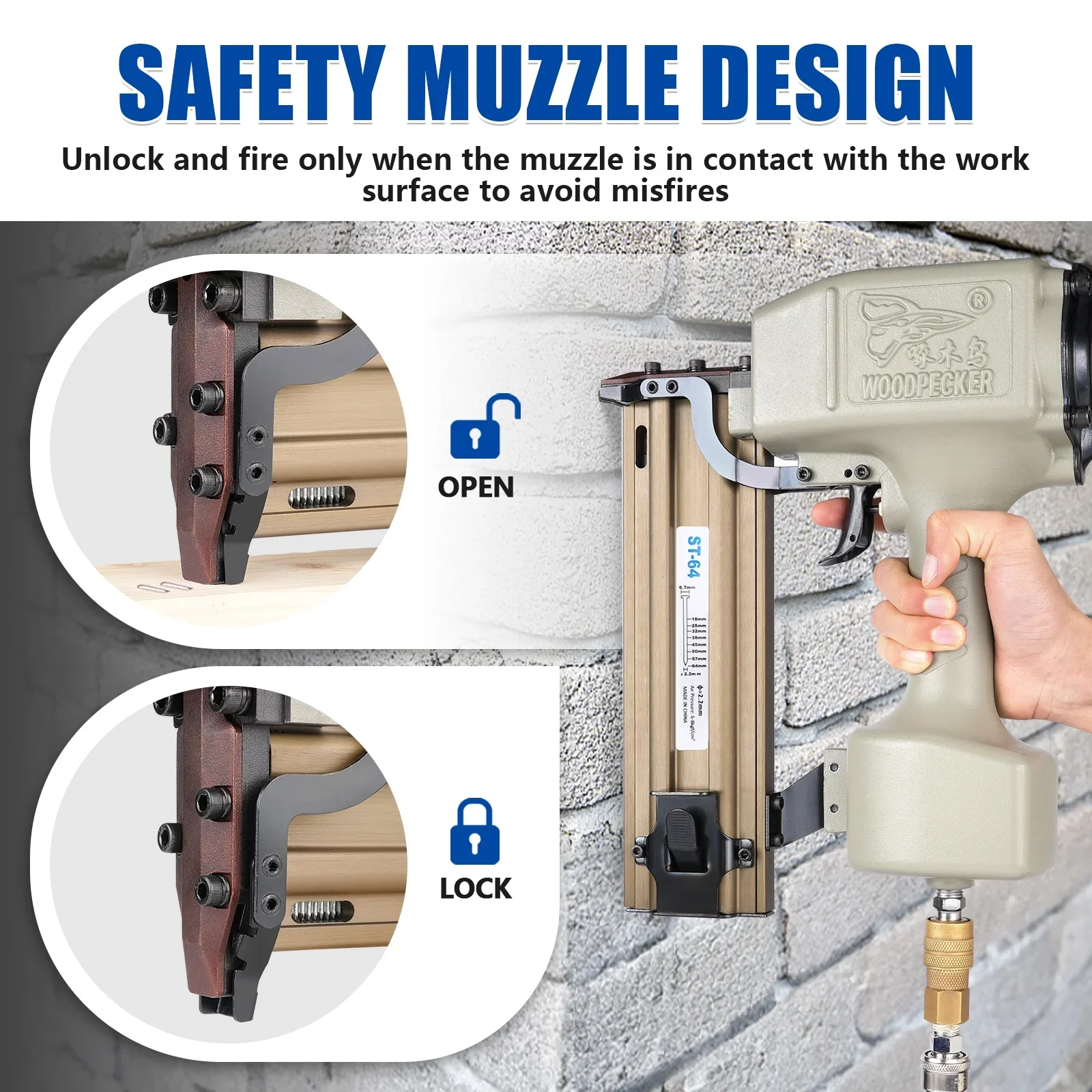 WOODPECKER ST64 Pneumatic Concrete T Nailer, 14 Gauge 3/4 to 1-1/2 Heavy Duty Air Concrete Nail Gun for hardwood nailing, Masonry, Cement, Concrete Brick Nailing