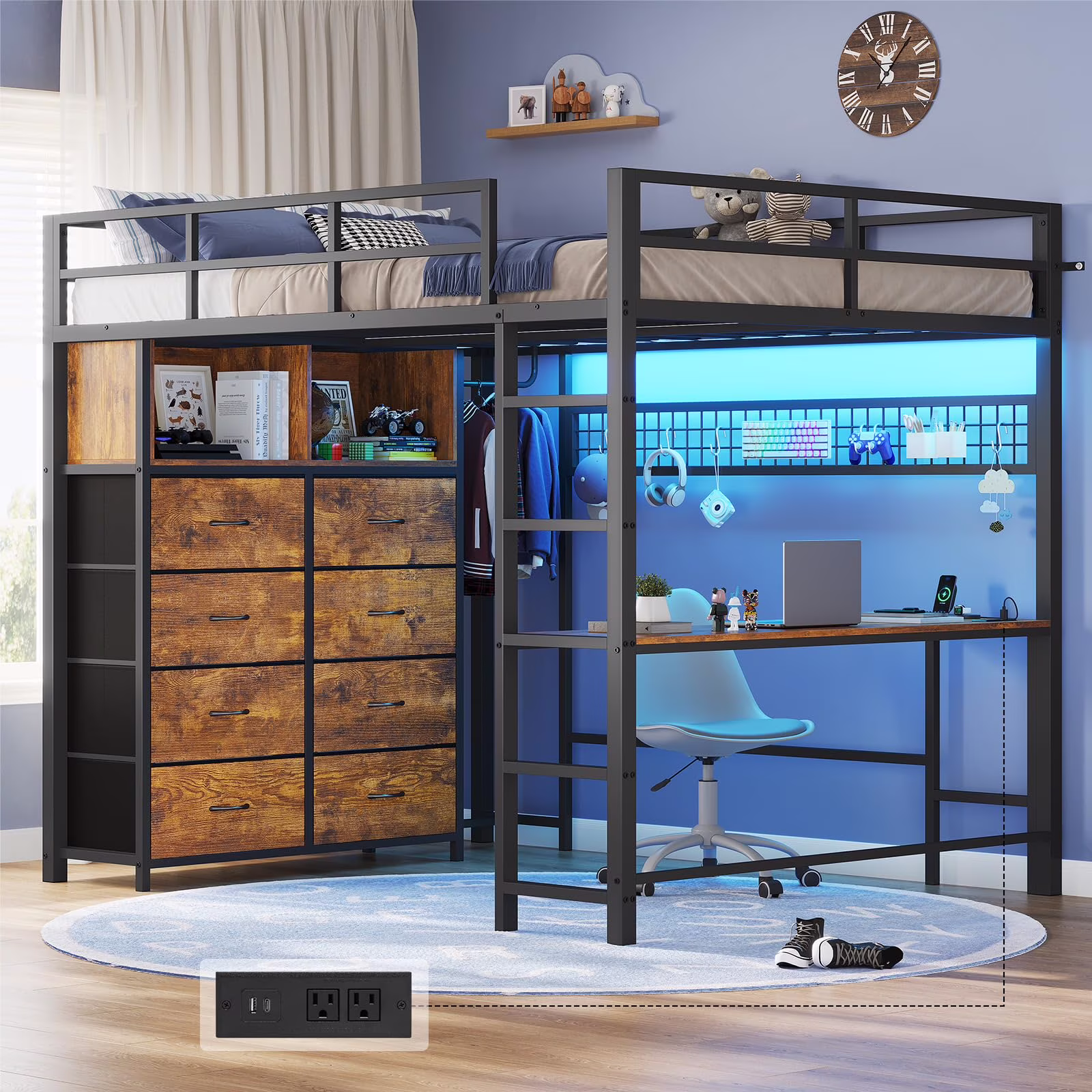 Twin Size Loft Bed with Desk and 8 Storage Drawers and Charging Station, Metal Loft Bed Twin with LED Lights, Storage Shelves, Black(Brown) - Image 9