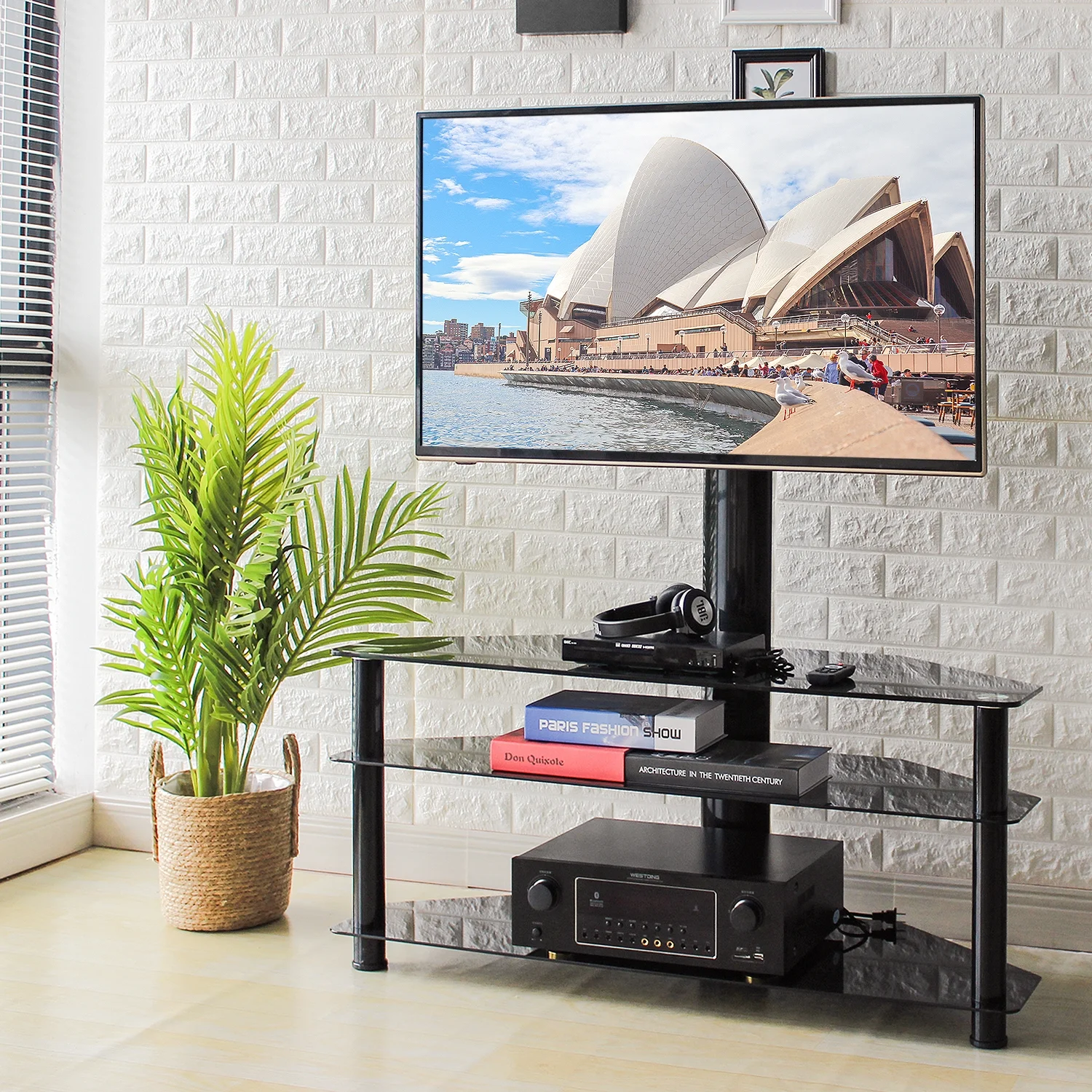 Modern 3 in 1 TV Stand with Mount for Flat Screens up to 65 inch, Black Glass Corner TV Stand for Bedroom(up to 70") - Image 8