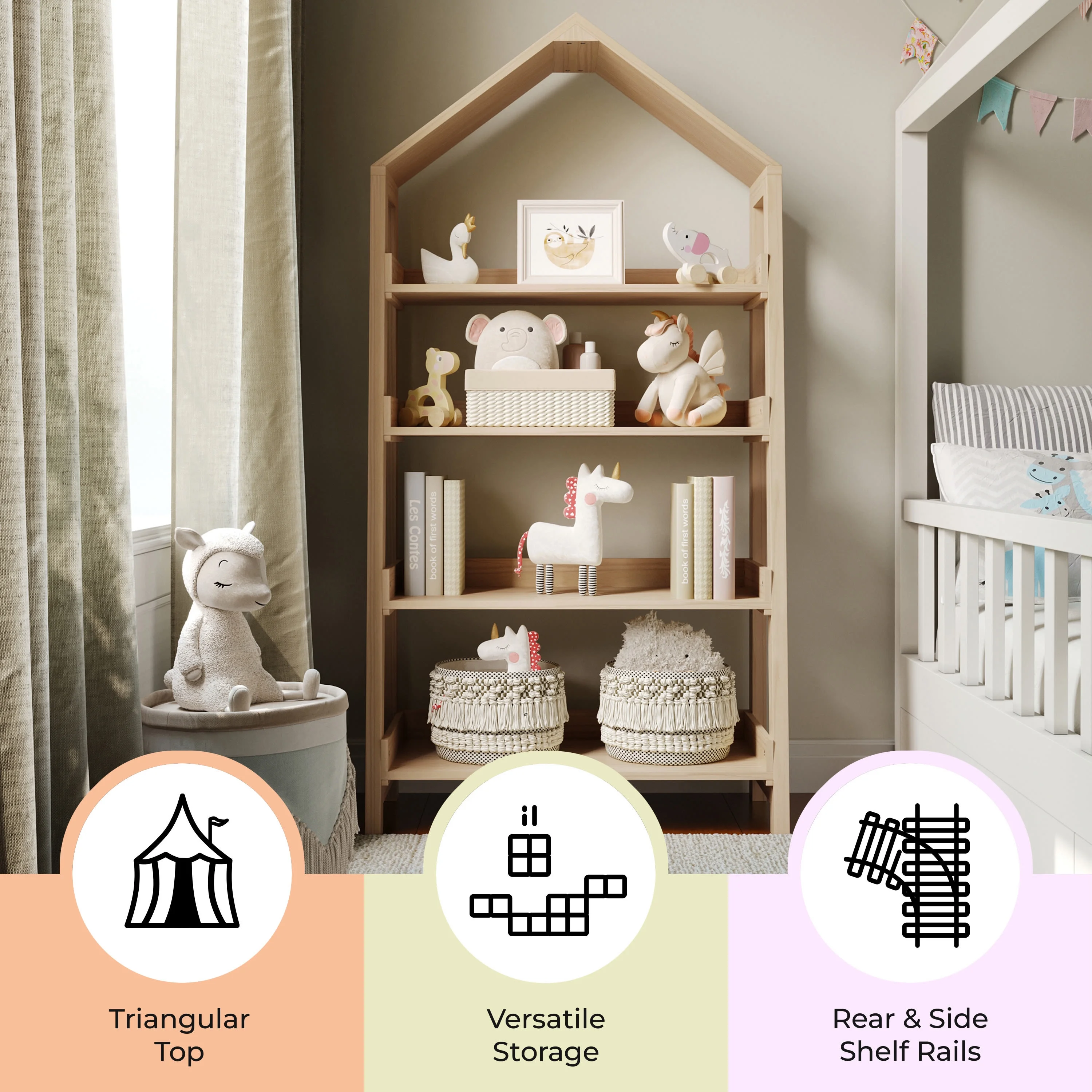 Kids Open-Style Wooden Bookshelf with 4 Shelves and Covered Triangular Top, Natural(Natural) - Image 4