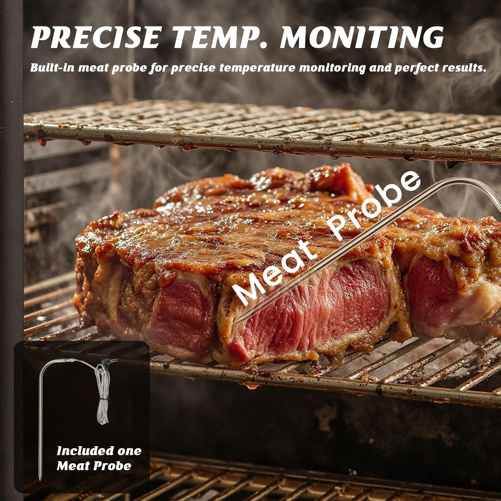 Vertical Electric Pellet Smoker Grill with Cover, 616 sq in Cooking Area, LED Temperature Control, Meat Probe, Outdoor BBQ Smoker for Steak, Ribs, Fish Vegetables - Image 5