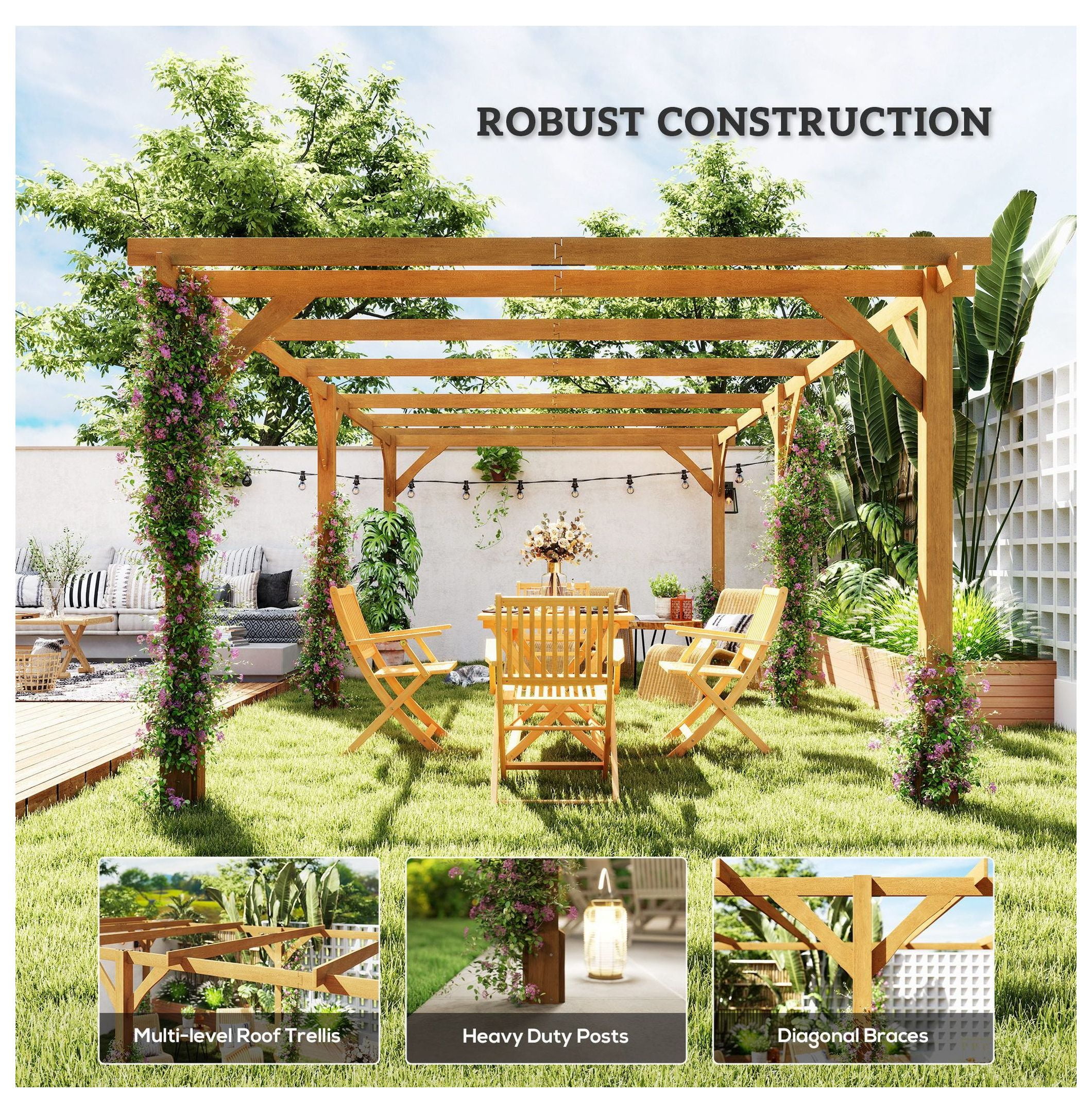 20x10ft Wood Pergola, Outdoor Gazebo Grape Trellis Dark Brown Image 6