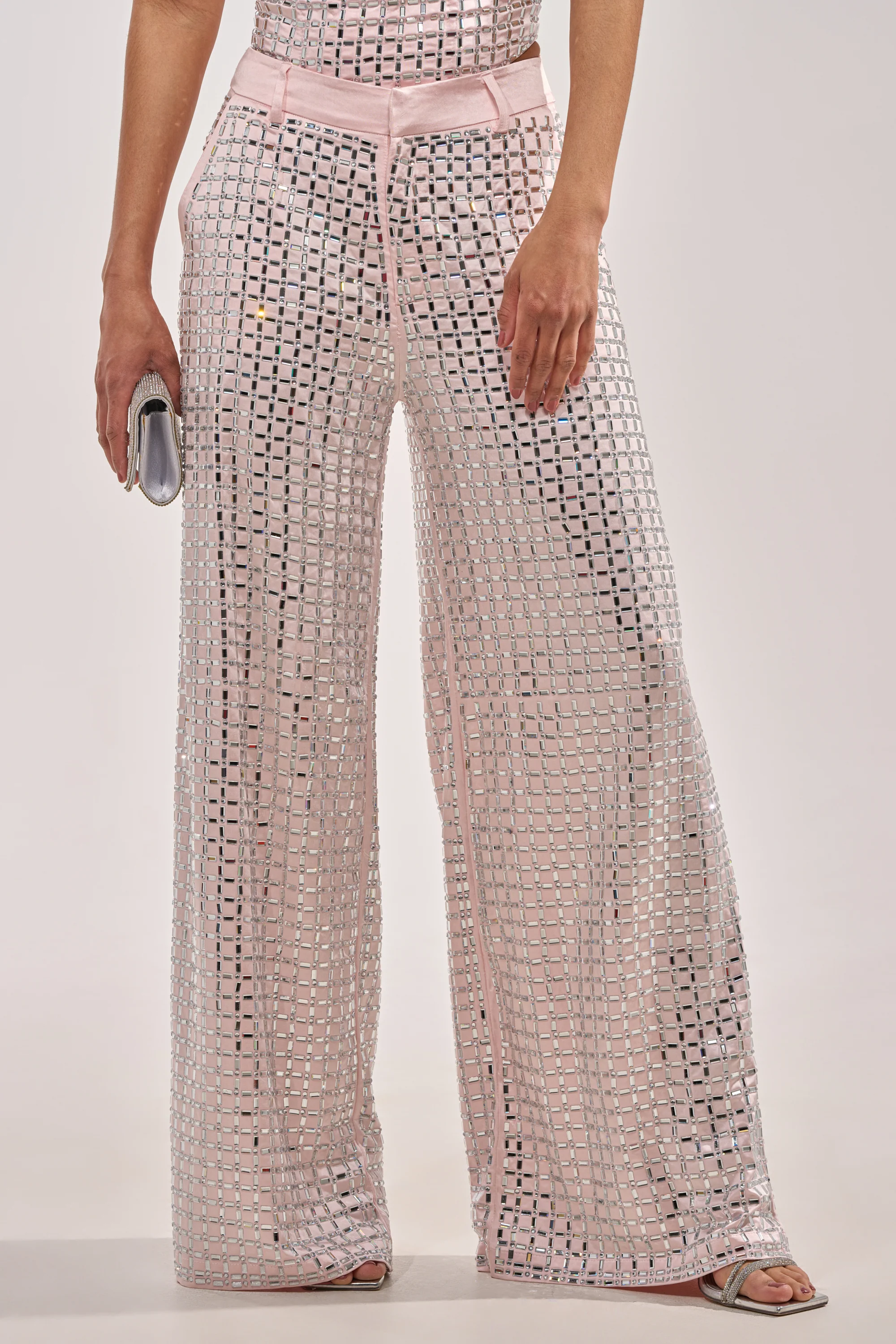 LILA EMBELLISHED SATIN TROUSER IN LIGHT PINK - Akira Store