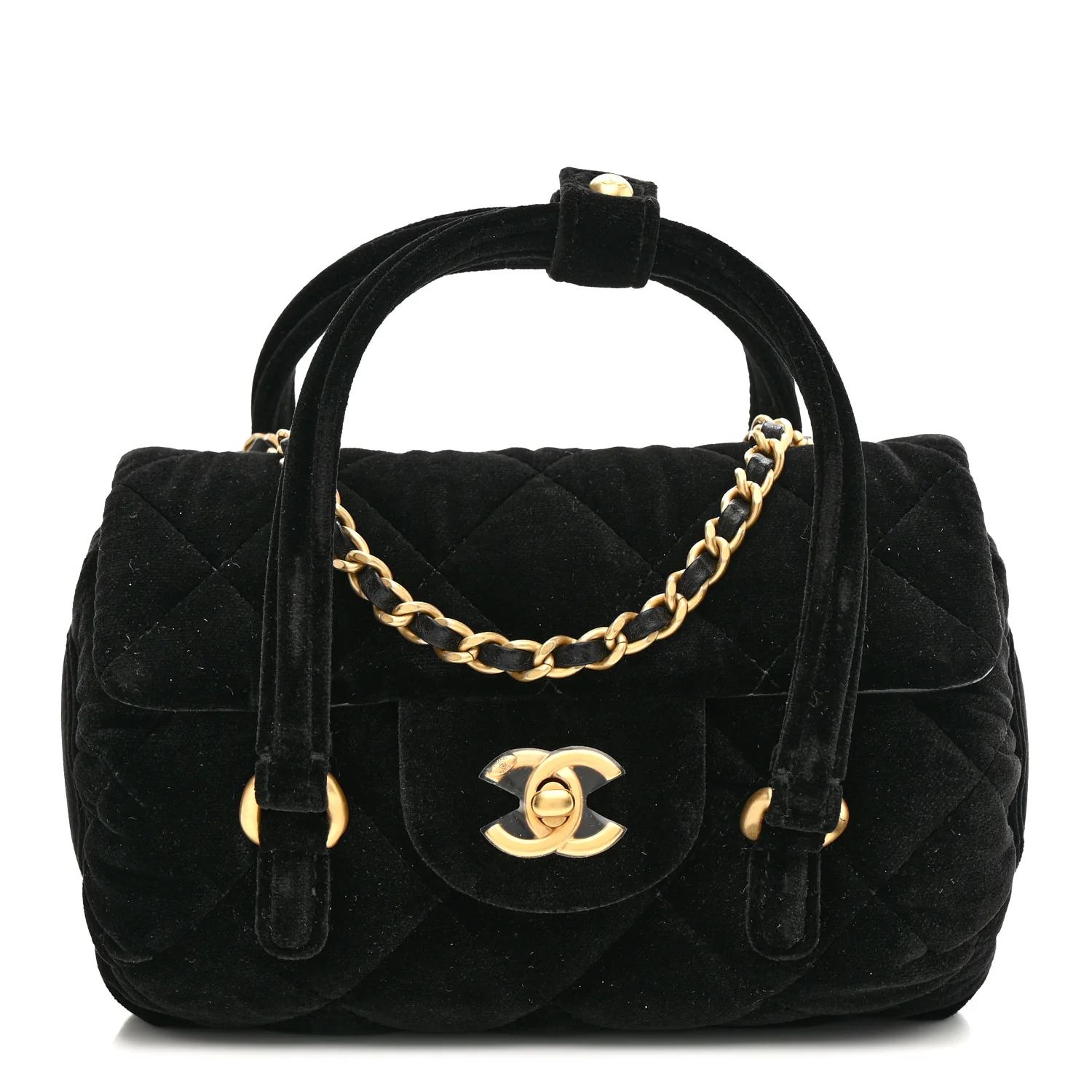 Velvet Quilted Mini Top Handle Flap Black