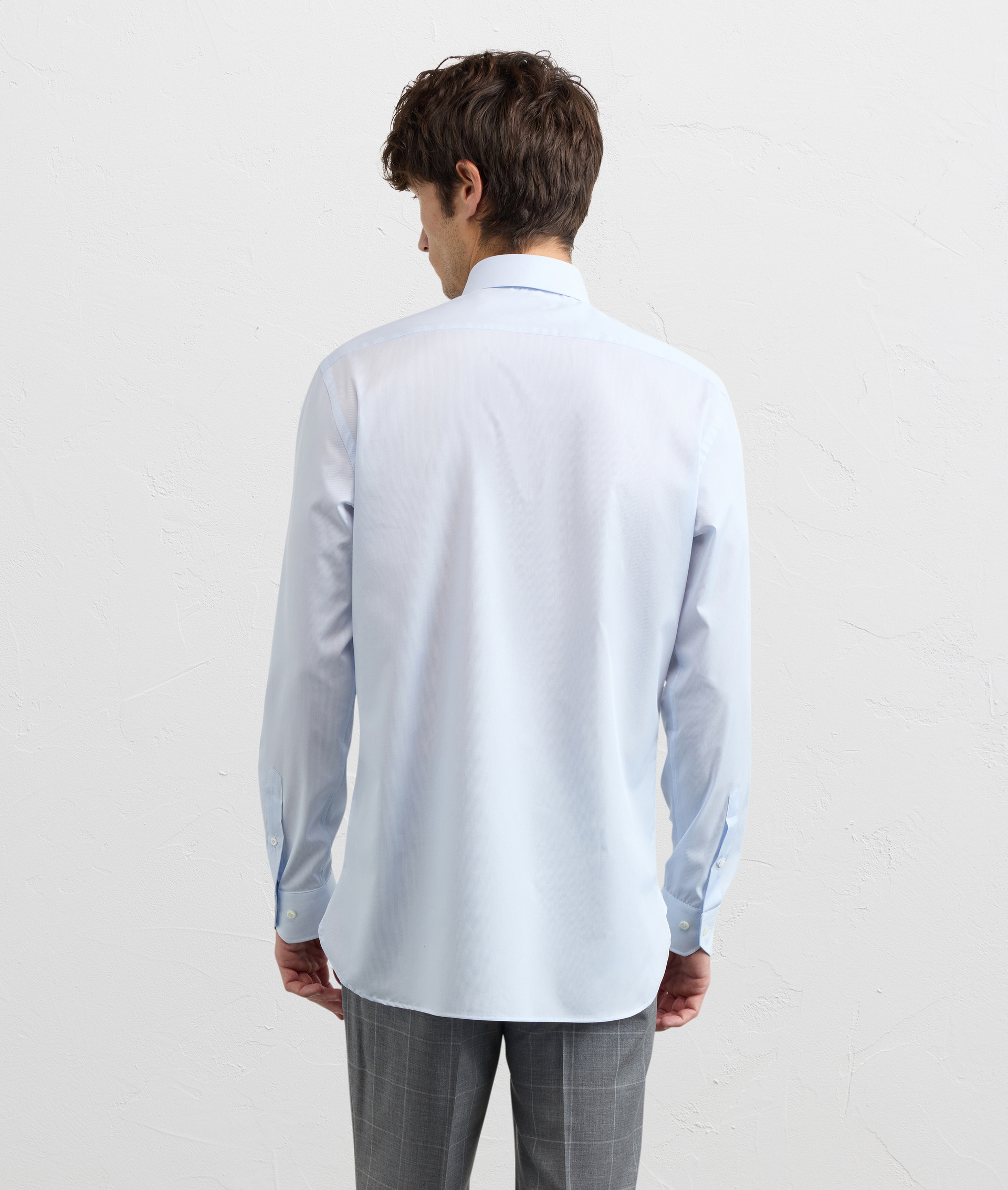 LIGHT BLUE COTTON THIN STRIPED SHIRT WITH MILANO COLLAR AND STANDARD CUFF