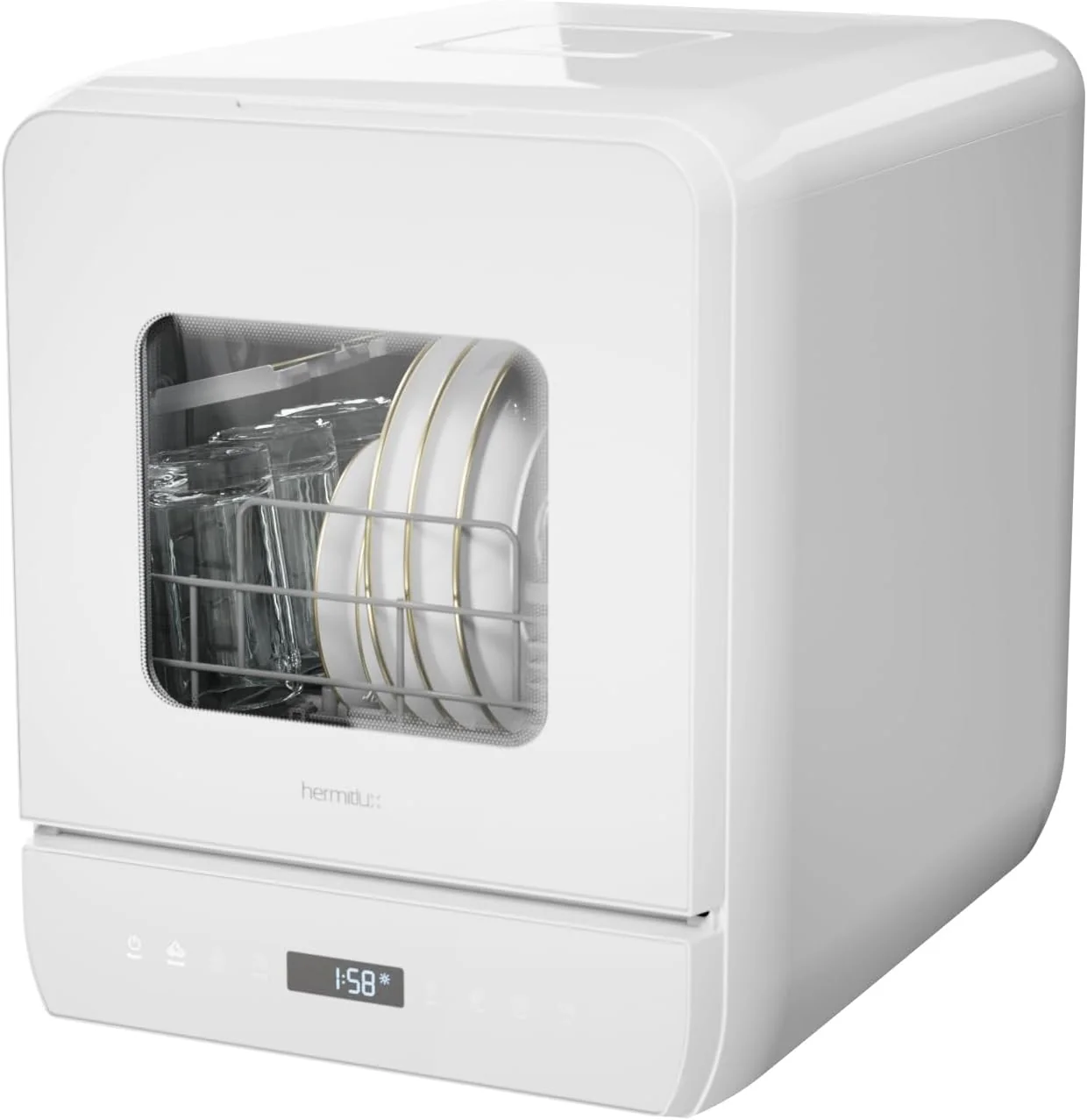 Lave-vaisselle de comptoir Hermitlux, mini lave-vaisselle portable à 7 programmes de lavage avec réservoir d'eau intégré de 5 litres pour appartements et camping-cars, lumière LED, porte en verre, aucun raccordement nécessaire
