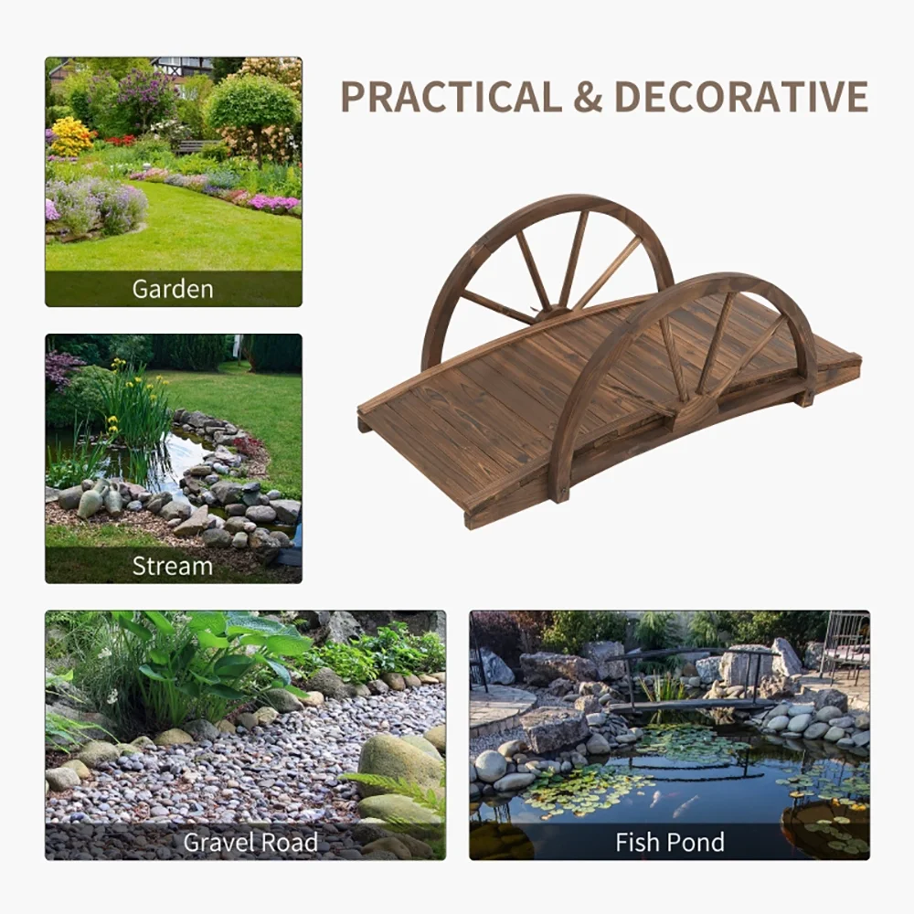 (HRR LTD)--3.3ft Wooden Garden Bridge Footbridge With Half-Wheel Style Railings & Solid Fir Construction, Stained Wood-LK LTD--(sd45r4e8 )