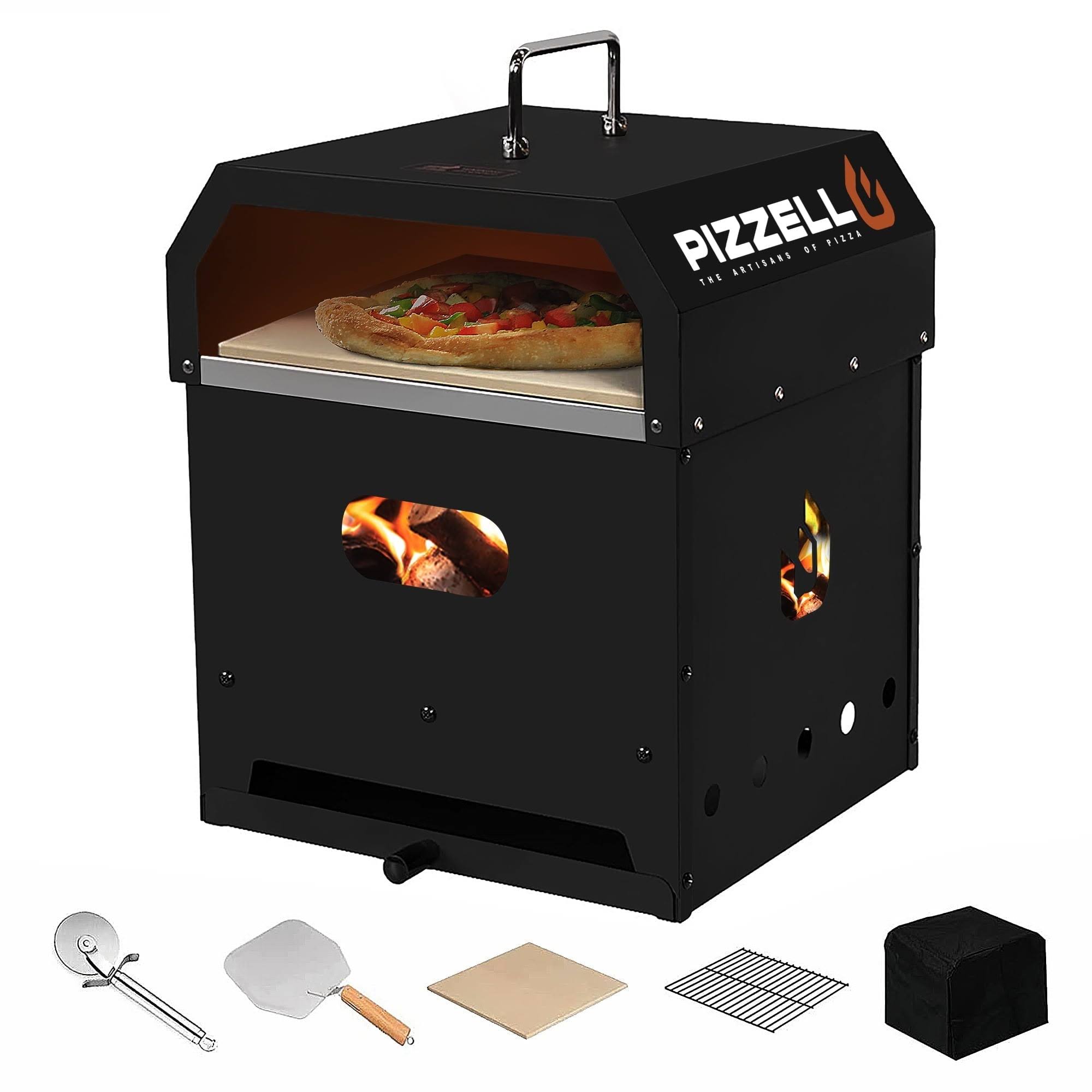 PIZZELLO Pizza Oven Outdoor Wood Fired 2-Layer Detachable Outside Ovens with Pizza Stone, Pizza Peel, Cover , Cooking Grill Grate - Black