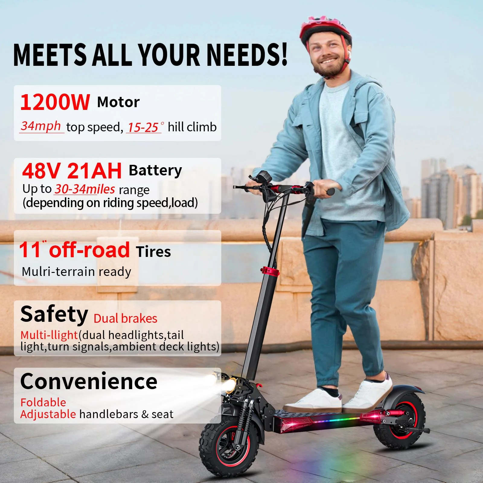 11'' Offroad Electric Scooter for Adult with Seat��1200W Motor up to 34MPH,30-34Miles Long Range Fast Electricscooter��48V 21Ah Foldable Escooter - Image 4