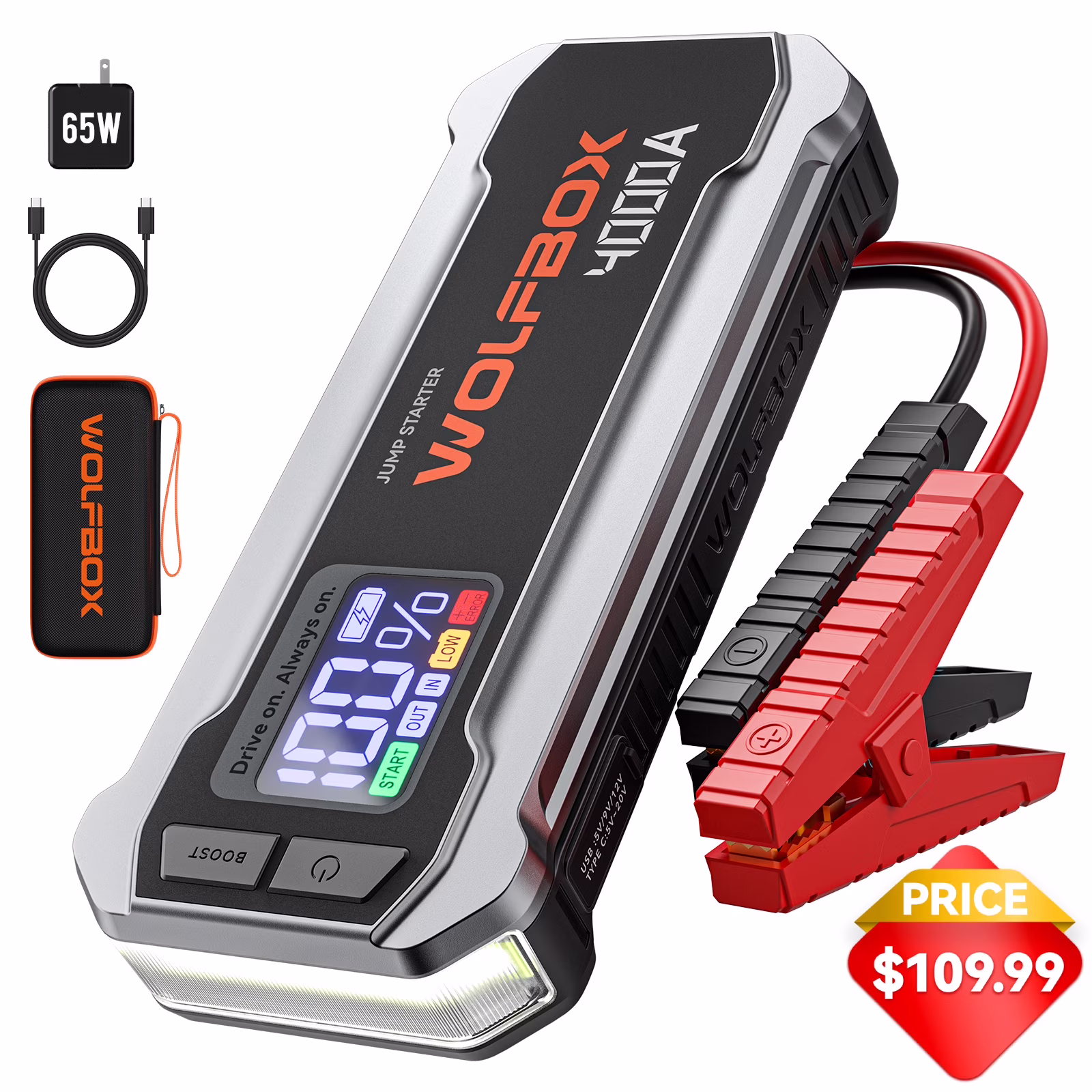 Wolfbox 4000A Car Battery Jump Starter, Portable Jump Starter Battery Pack, Battery Booster, Jump Box, Fast Charger and Jumper Cables for 10 L Gasoline and 10 L Diesel Engines
