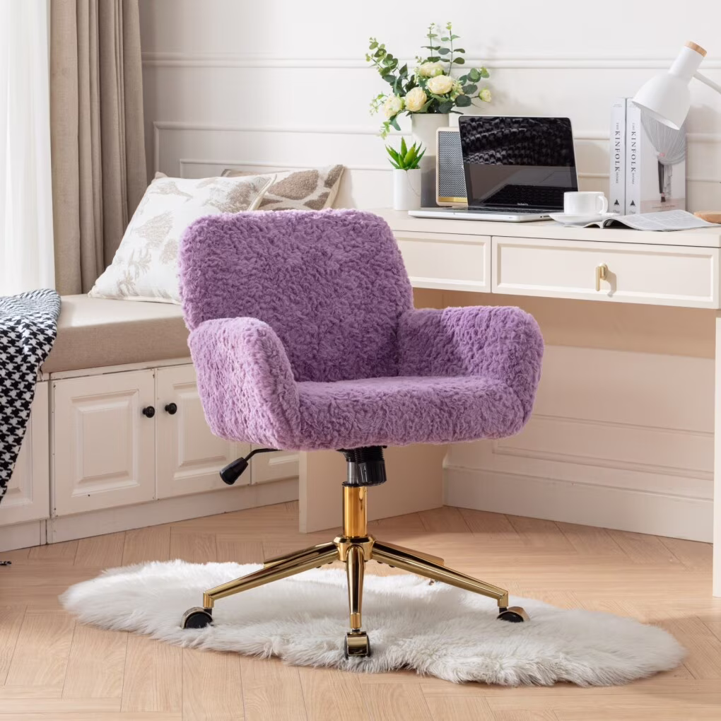 Furniture Office Chair, Artificial Rabbit Hair Makeup Vanity Chair Chair, 360 Comfy Swivel Armchair with Wheels, Modern Height Adjustable Cute Vanity Chair for Living Room Small Spaces Pink(Pink (with armrest)) Image 5