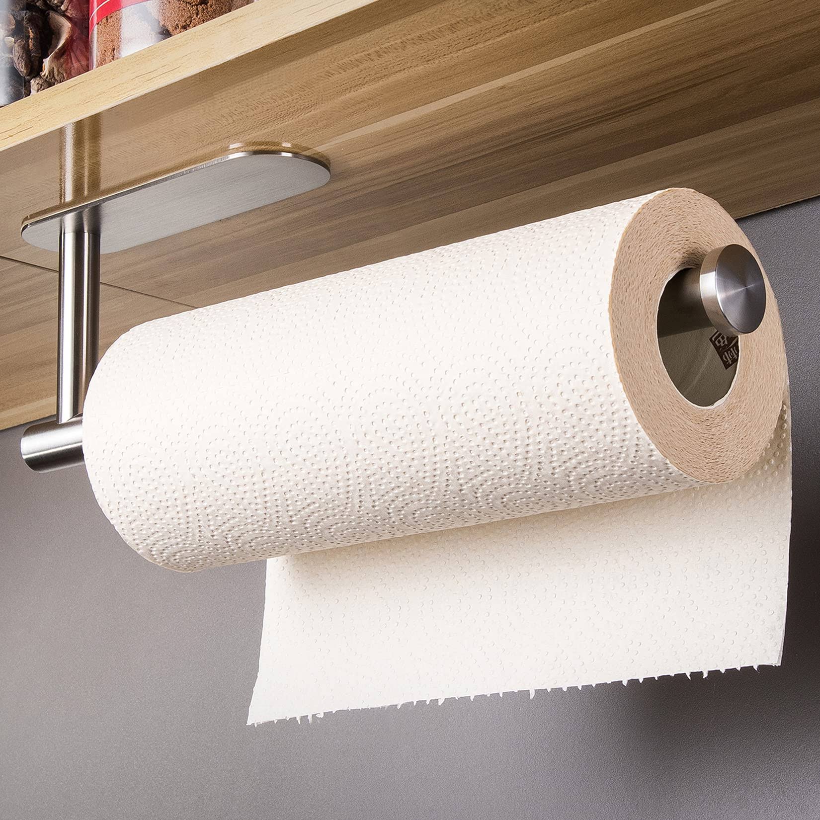 Taozun Self Adhesive Paper Towel Holder - Under Cabinet Paper Towel Rack for Kitchen, SUS304 Brushed Stainless Steel (No Drilling)
