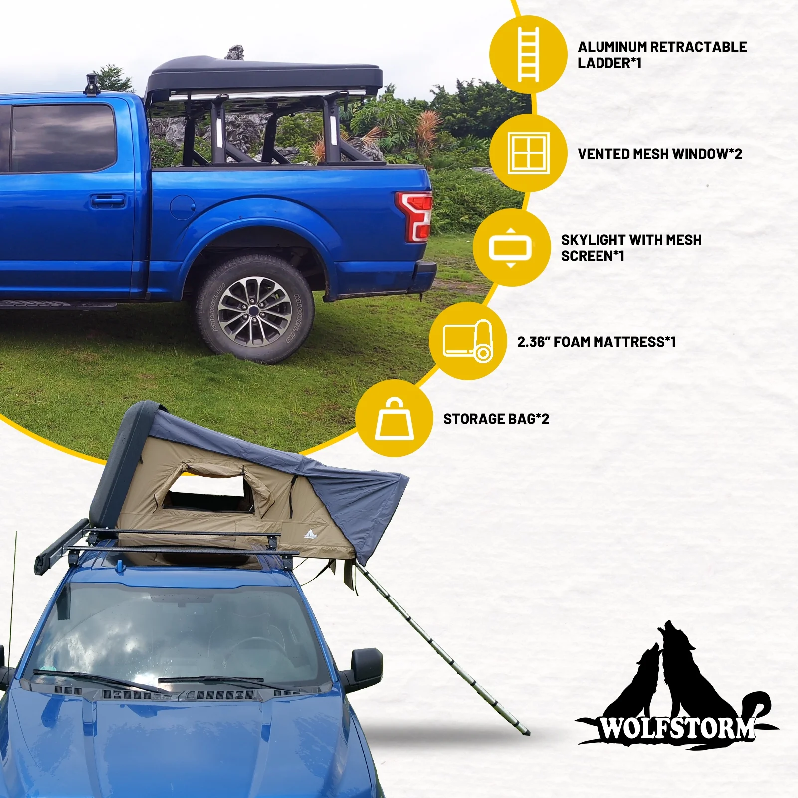 Hardshell Rooftop Tent, 2-3 Person, Khaki, Waterproof, 143.3 lbs(Khaki) - Image 5