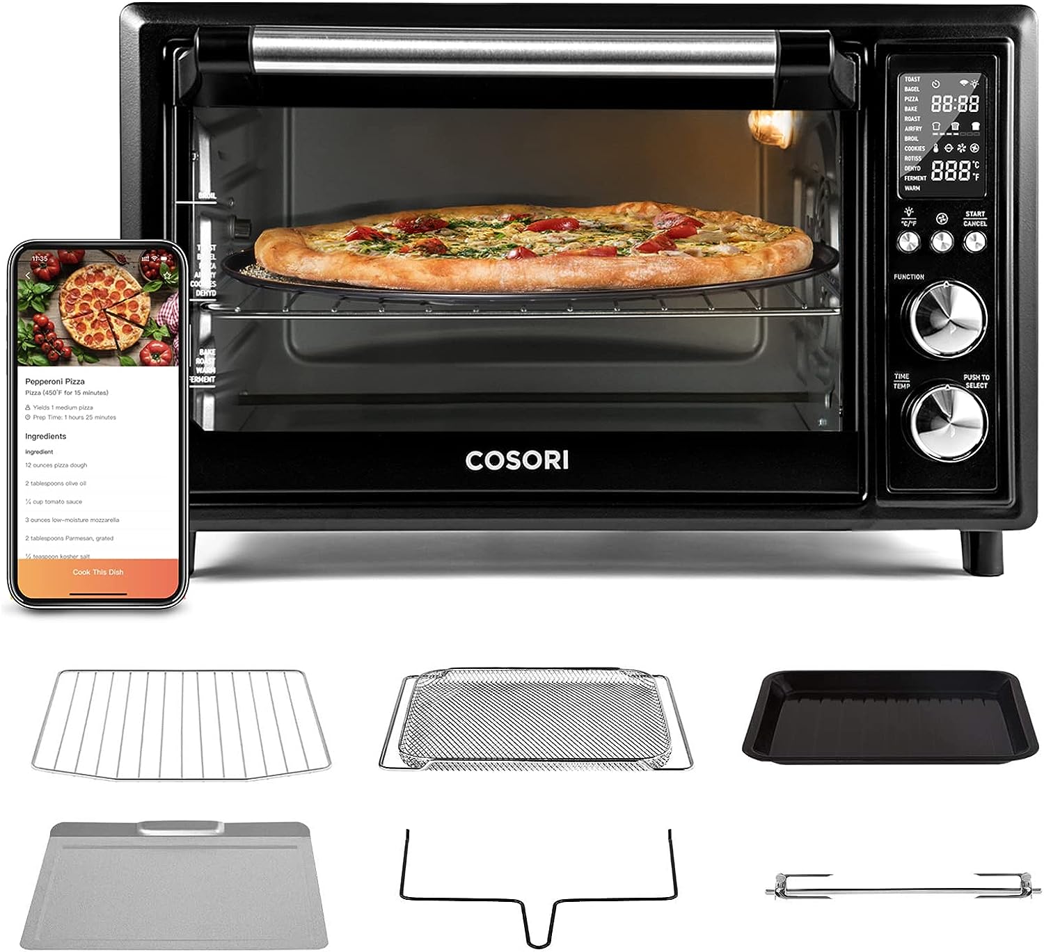 Four combiné friteuse à air chaud COSORI, 12 fonctions, déshydrateur intelligent de 30 L, pizza de 33 cm, 100 recettes et 6 accessoires inclus, compatible avec Alexa CS130-AO, Wi-Fi - Noir