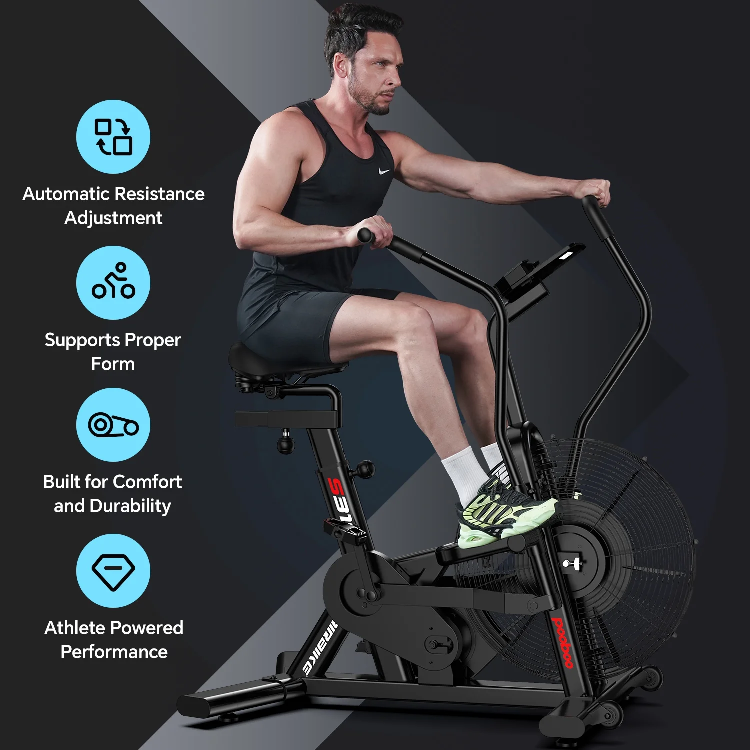 Commercial Built-in Bluetooth Fan Exercise Bike, Adjustable Air Resistance with Dual-Action Handlebars, Heavy Duty Indoor Cycling Bike for Home Gym Traininning, 350lbs Arm/Leg Cardio Workout(Air) - Image 8