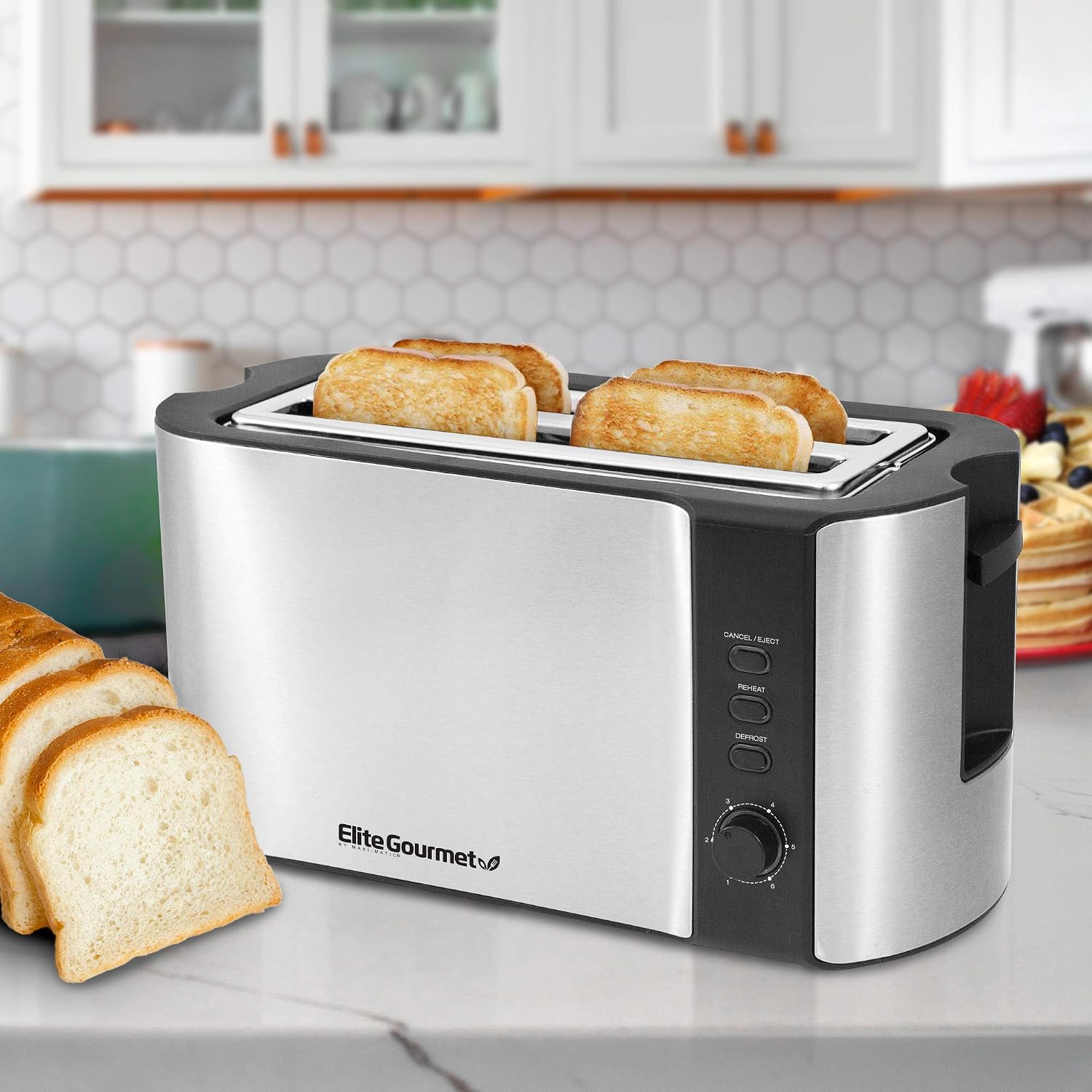 Elite Gourmet ECT-3100 4-Slice Long Slot Toaster, Stainless Steel| Extra-Wide Slots Fit Bagels, Sourdough & Texas Toast, 6 Browning Settings, Reheat, Defrost & Cancel, Built-In Warming Rack