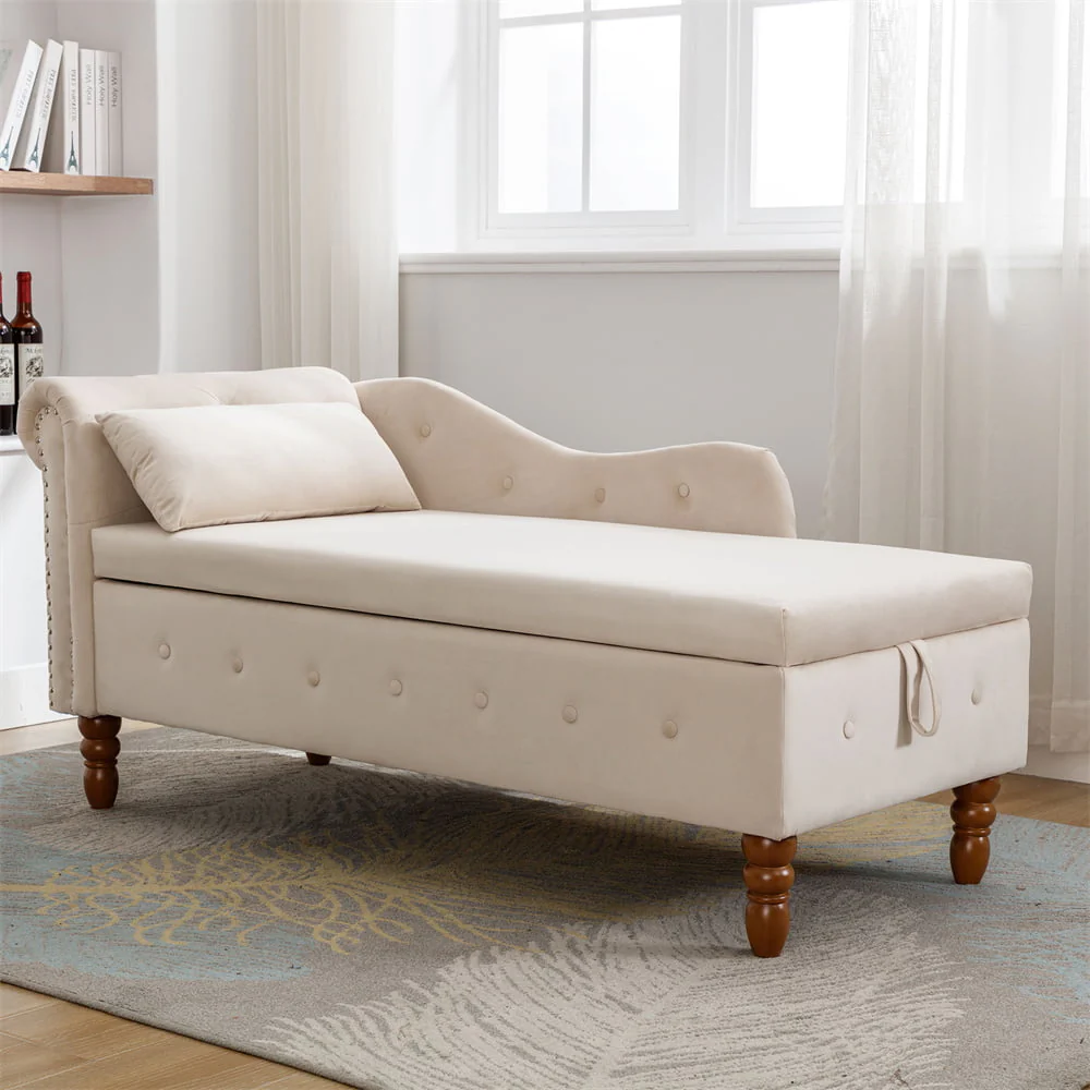 Storage Chaise Lounge, Upholstered Rolled Arm Chase Lounge with Nailhead Trim, Recliner Lounge Chair for Living Room Bedroom(Beige) Image 5