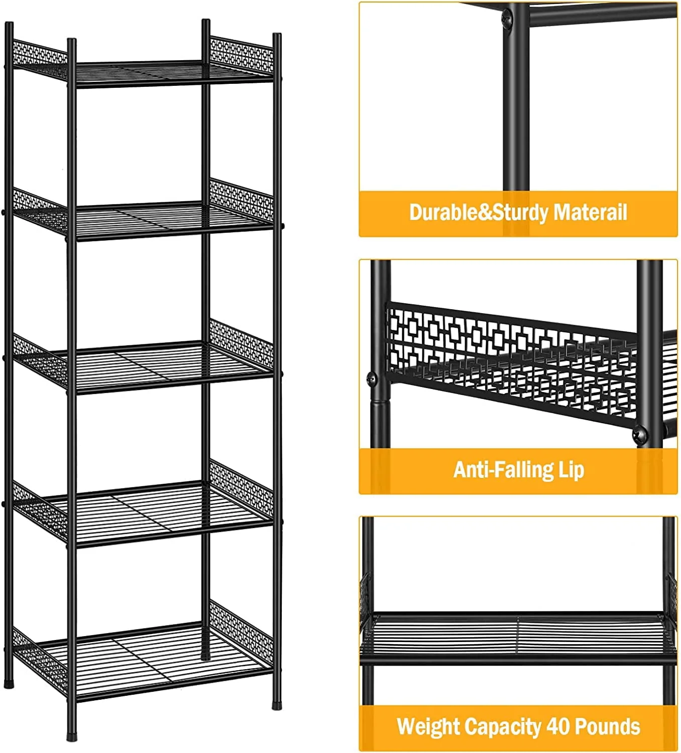5 Tier Wire Shelving Unit Metal Storage Organizer Rack, Black, Set of 2