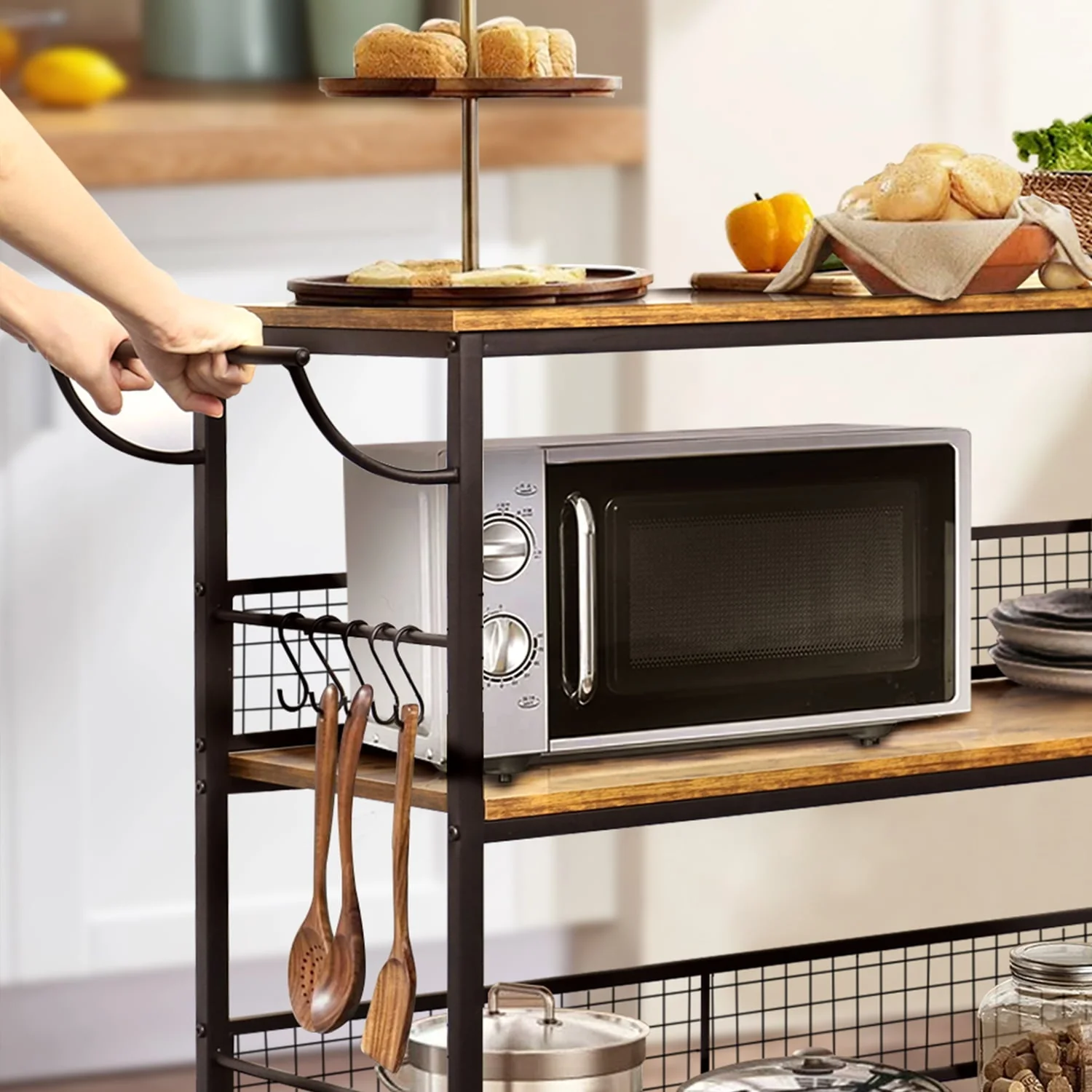 MONVANE 40"W Large Kitchen Iron Cart Island, 3 Tier Rolling Kitchen Rack Large Utility Mobile Wine Cart Storage Shelf Organizer Coffee Bar with Handle(Black/With handle)