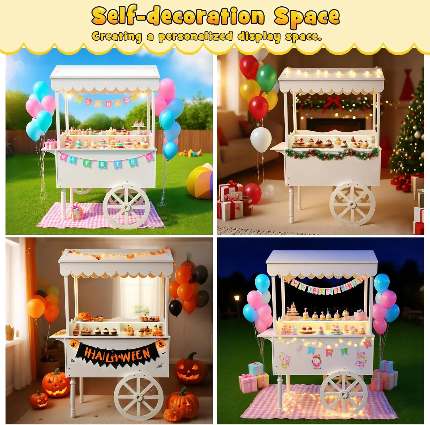 72in Candy Cart Display Stand with Decorated Wheels 100 Balloons Easy Install Vintage Dessert Cart for Parties Birthdays Weddings White(White) - Image 6