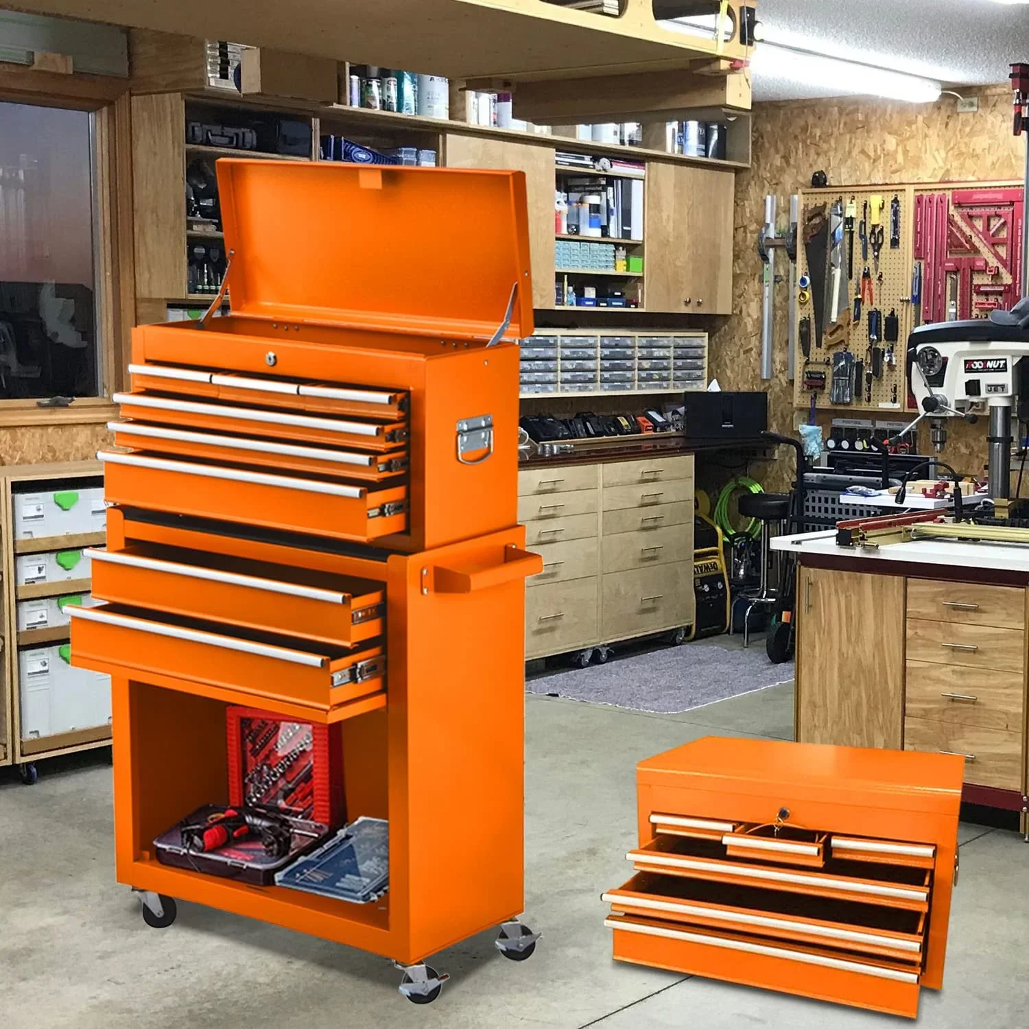 8-Drawer Tool Chest with Wheels, Tool Storage Cabinet and Tool Box, Lockable Rolling Tool Chest with Drawers, Toolbox Organizer for Garage Warehouse Workshop (Orange)