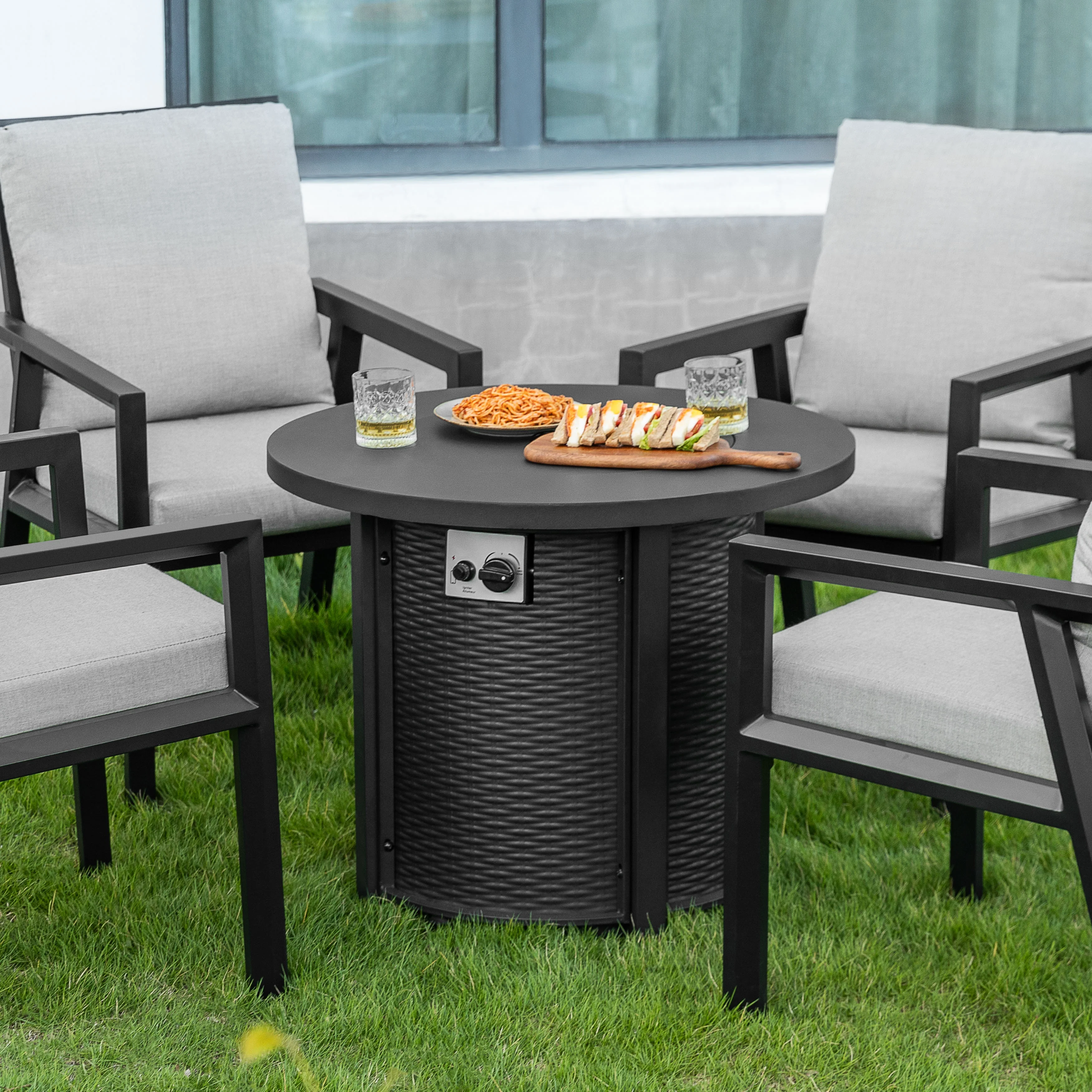 Outdoor Metal 30'' Round Propane Fire Pit Table with Rattan Embossed Pattern, CSA-Certified 2 in 1 Round Gas Fire Pit Table with Lid Lava Rocks, Patio Round Gas Fire Pit, Black - Image 3