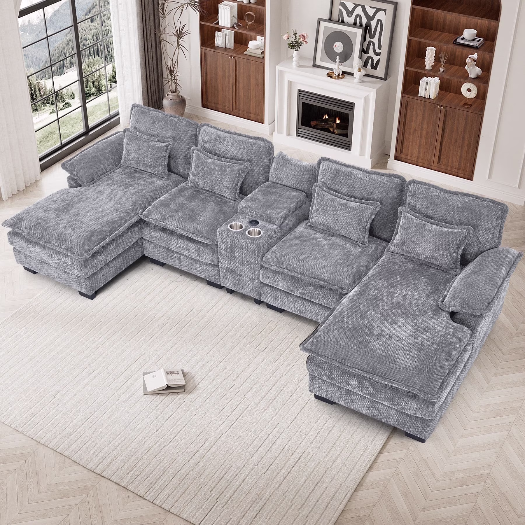 U Shaped Cloud Couch Modular Sectional Sofa 124" Extra Deep Fluffy Chenille Double Chaise Lounge, Central Console w/ Dual USB-C A Ports, Storm Gray(Grey)
