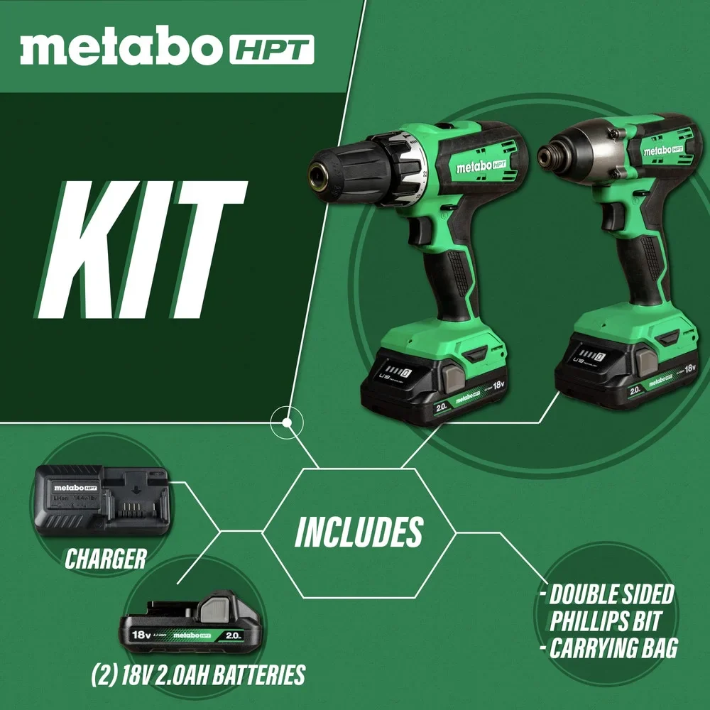 Metabo HPT 18V MultiVolt Hammer Drill and Impact Driver Combo Kit | Cordless | 2-2.0Ah Li-Ion Batteries w/Fuel Gauge | Lifetime Tool Warranty | KC18DFX