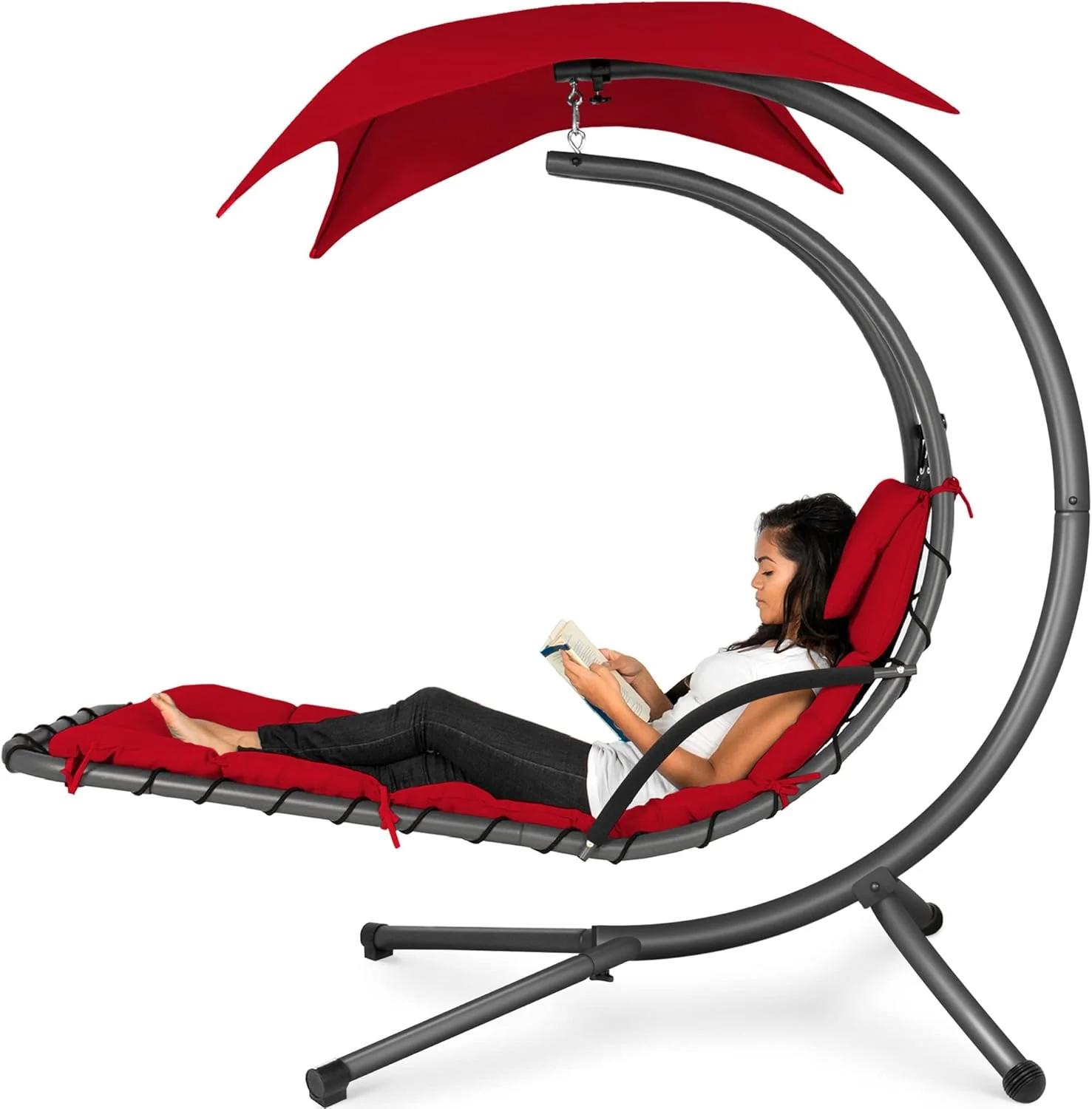 Chaise longue suspendue d'extérieur Best Choice Products en acier courbé avec coussin intégré et auvent amovible - Gris anthracite