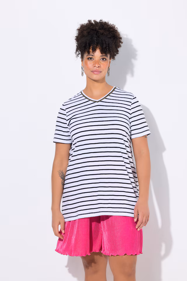 T-shirt, A-line, stripes, decorative neckline band
