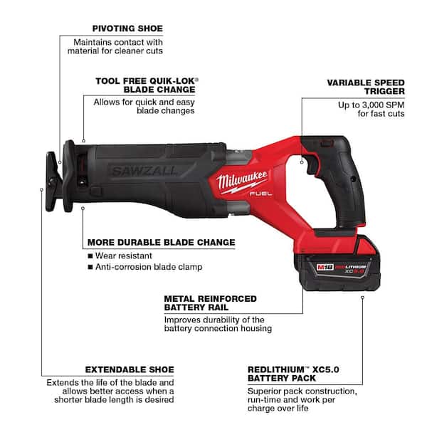 M18 FUEL 18V Lithium Ion Brushless Cordless SAWZALL Reciprocating Saw Kit with Two 6 0Ah Batteries Image 3