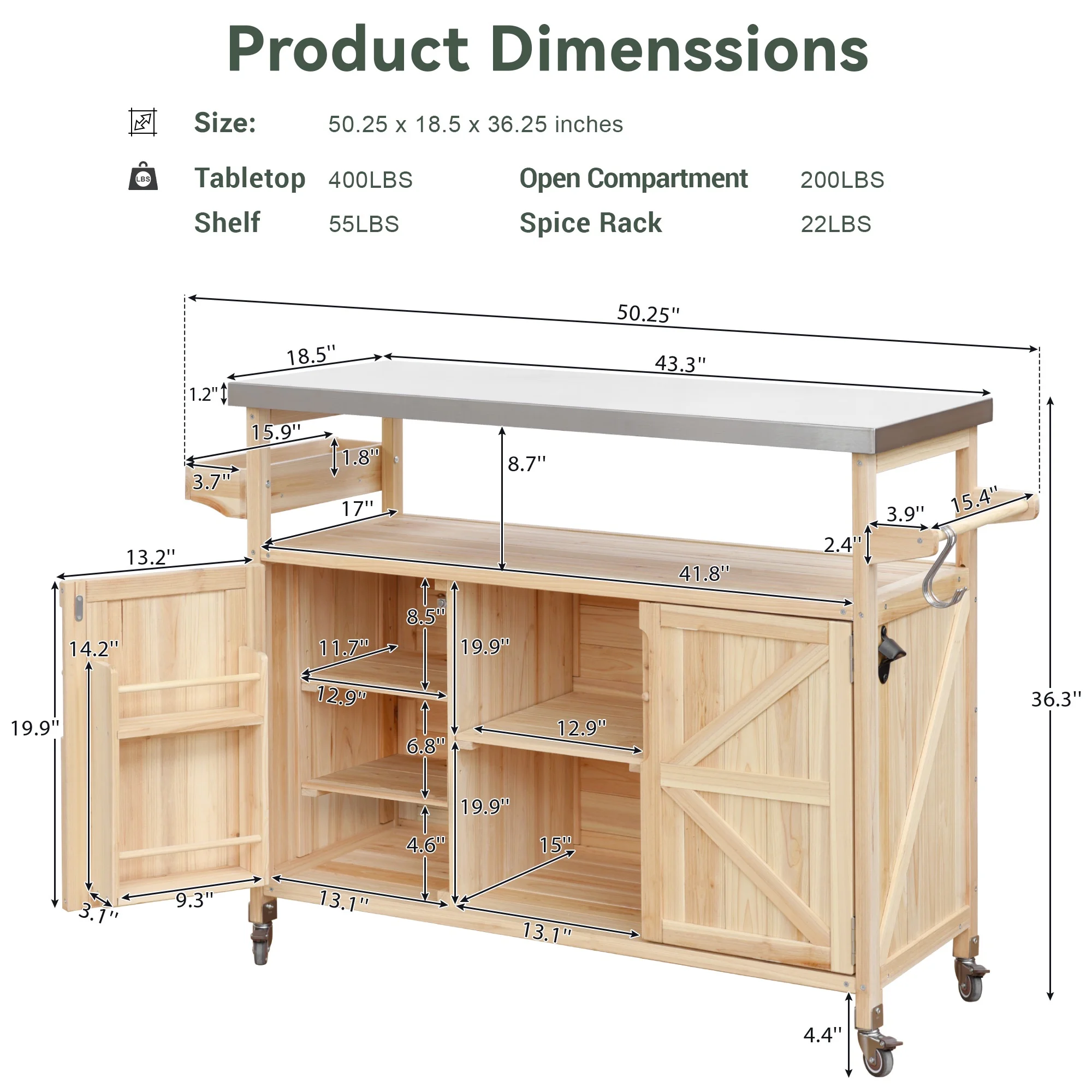 Outdoor Serving Cart Kitchen Island Solid Wood Mobile Rolling Bar Cart with Lockable Wheels, Rack and Stainless Steel Top Beverage Storage Counter Table with Cabinet for Patio, Natural(Natural/Style 1) - Image 8
