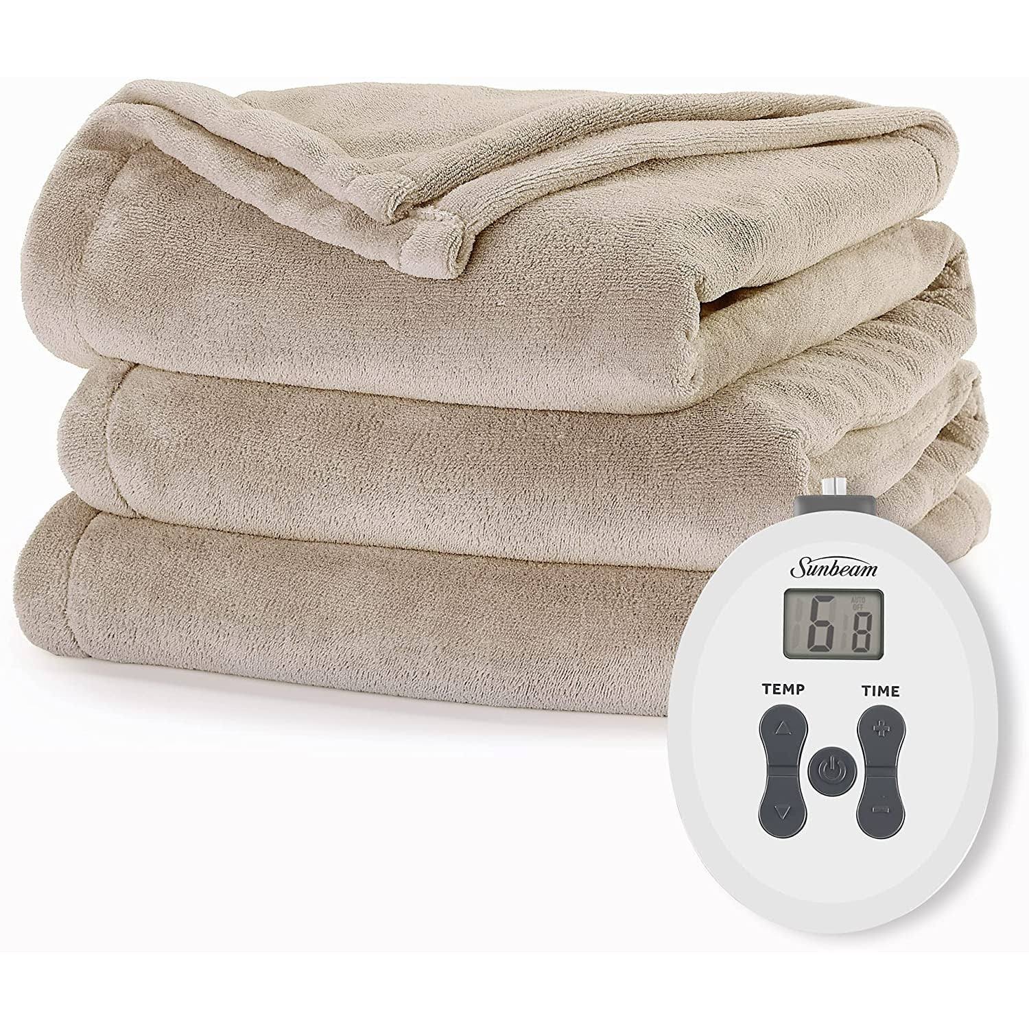 Sunbeam Channeled Microplush Heated Blanket, Mushroom, Full