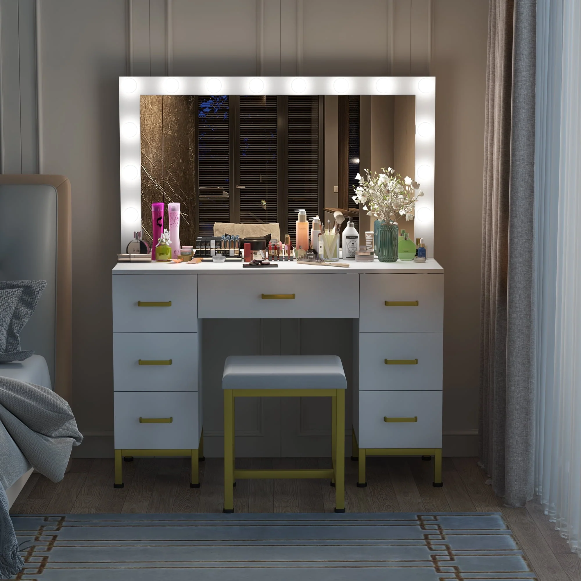 PAKASEPT Vanity Set with Lighted Mirror, Makeup Vanity Dressing Table with 14PCS LED Bulbs, Cushioned Stool & 7 Drawers, Large 44