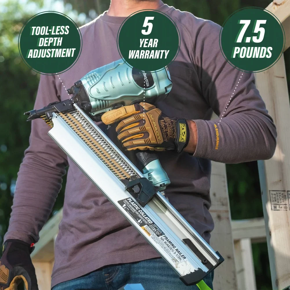 Metabo HPT Framing Nailer, Pro Preferred Brand of Pneumatic Nailers, 21 Degree Magazine, Accepts 2-Inch to 3-1/2-Inch Plastic Collated Nails, Ideal for Framing, Flooring, & Roof Decking, NR90AES1