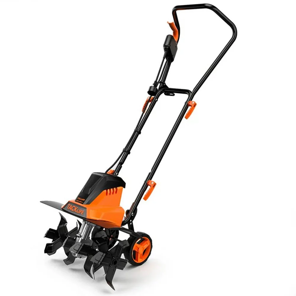 Adjustable Electric Tiller, Working 8'' Tilling Depth, Width(18''/12.5'')with Wheels, Foldable Handle and Removable Blade Black