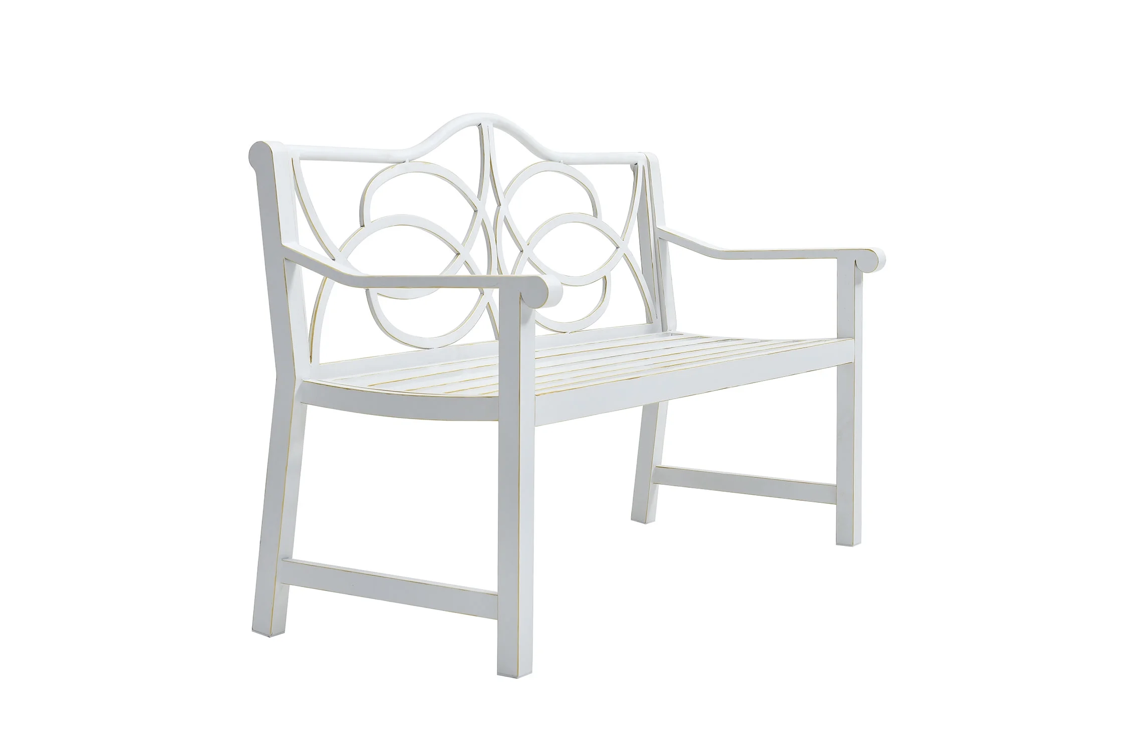 Royard Oaktree Outdoor Patio Bench, Garden Bench with Iron Metal Steel Frame, Backrest, and Armrests, Park Bench with Slatted Seat for 2 - 3 People for Lawn, Yard, Balcony, Porch, White