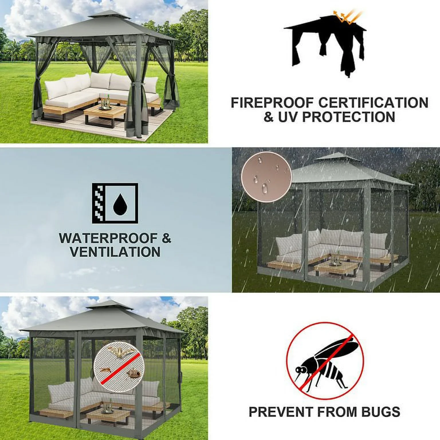 SANOPY 10' x 10' Gazebos for Patios, Gazebo Canopy with 4 Mosquito Netting, Rainproof & Sunscreen Shelter Tent with Double Eaves for Garden Backyard and Deck
