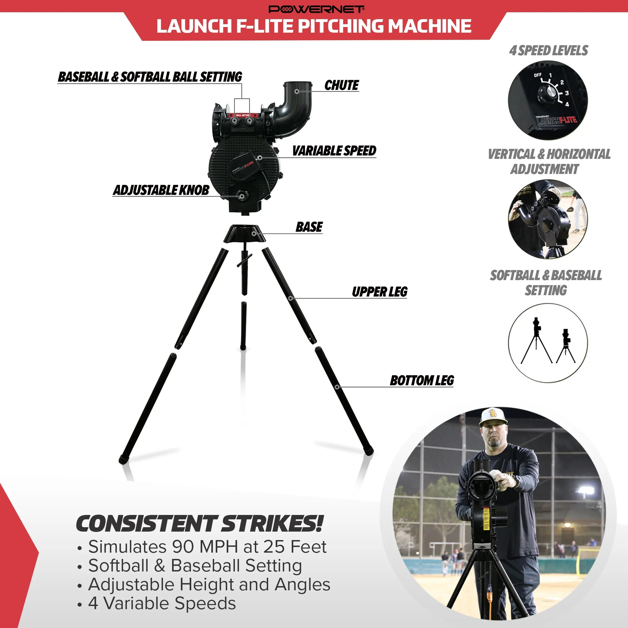 Powernet Launch F - Lite Baseball & Softball Pitching Machine, Adjustable Height and Angles, Variable Speed up to 90 MPH, Batting Practice Ball Launcher (F - Lite)