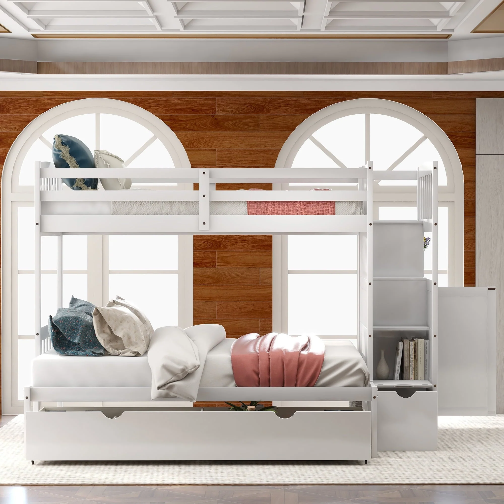 Twin over Twin Bunk Bed with Drawer and Cabinet for Kids Bedroom, White - Image 5