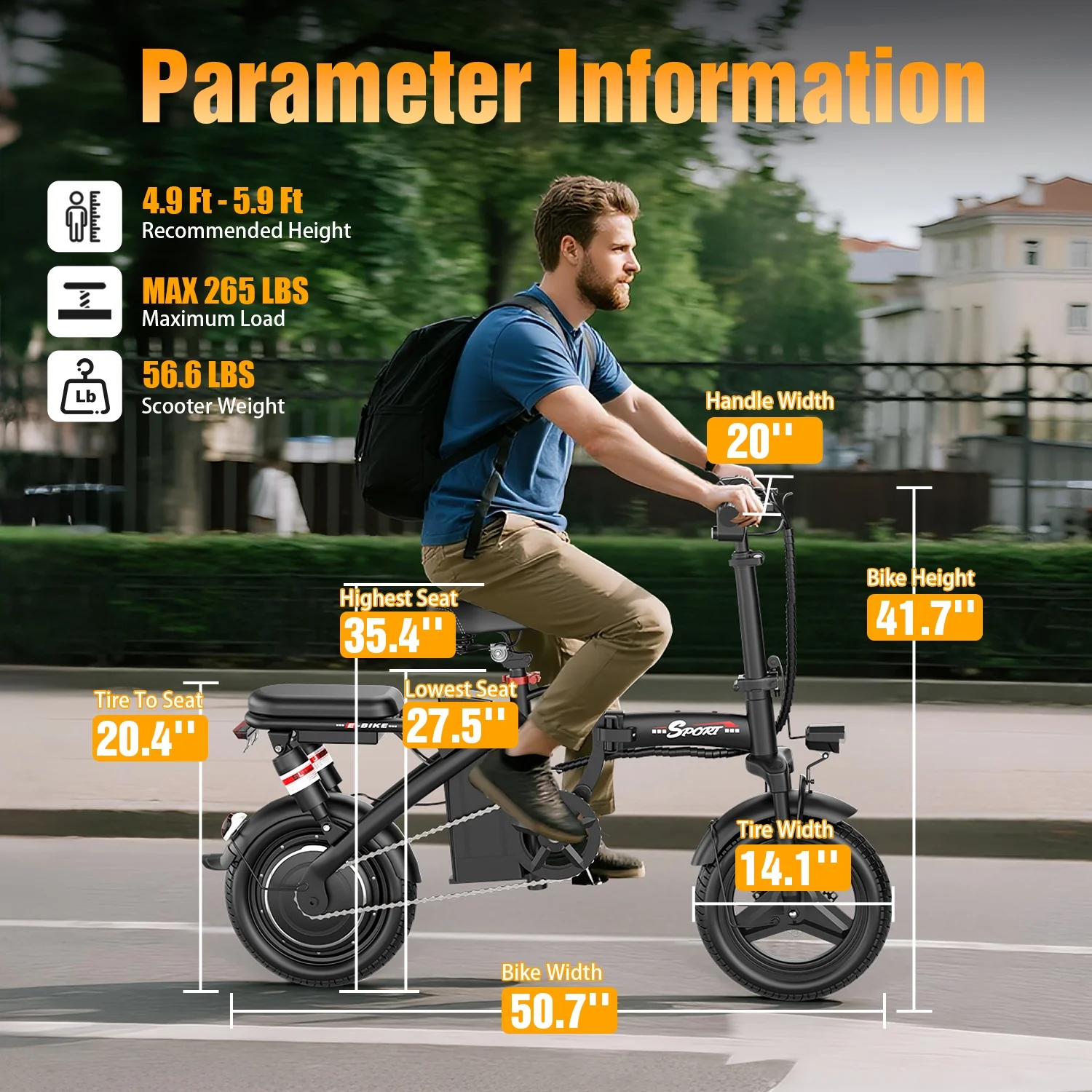 1200W Peak Motor,Folding Electric Bike for Adults Teens,14'' Commuting Bike, Max 28MPH/35 Miles E Bike,3 Speed Double Mini Electric Bike, UL2849(48V 15Ah) Image 10