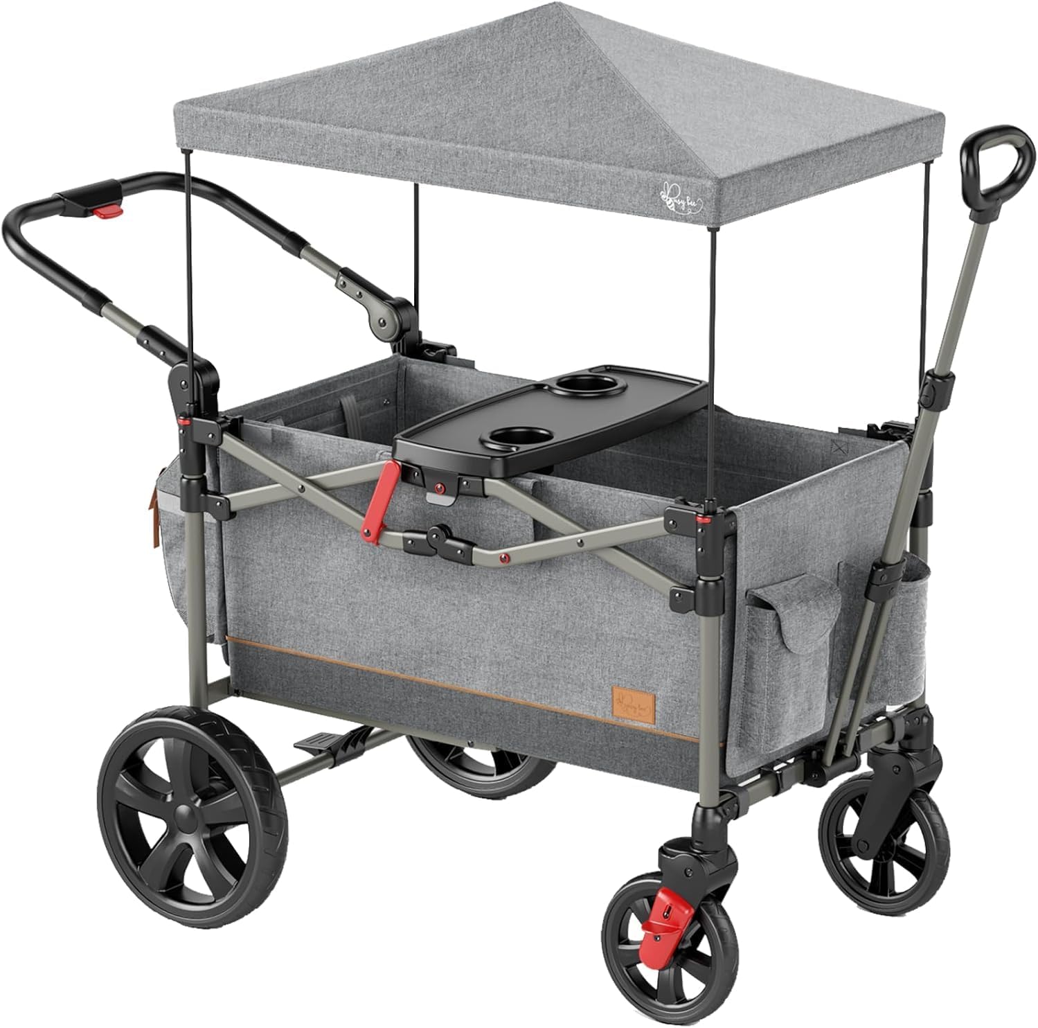 BusyBee Foldable Stroller Wagon for 2 Kids, Dual 5-Point Harnesses, Gray