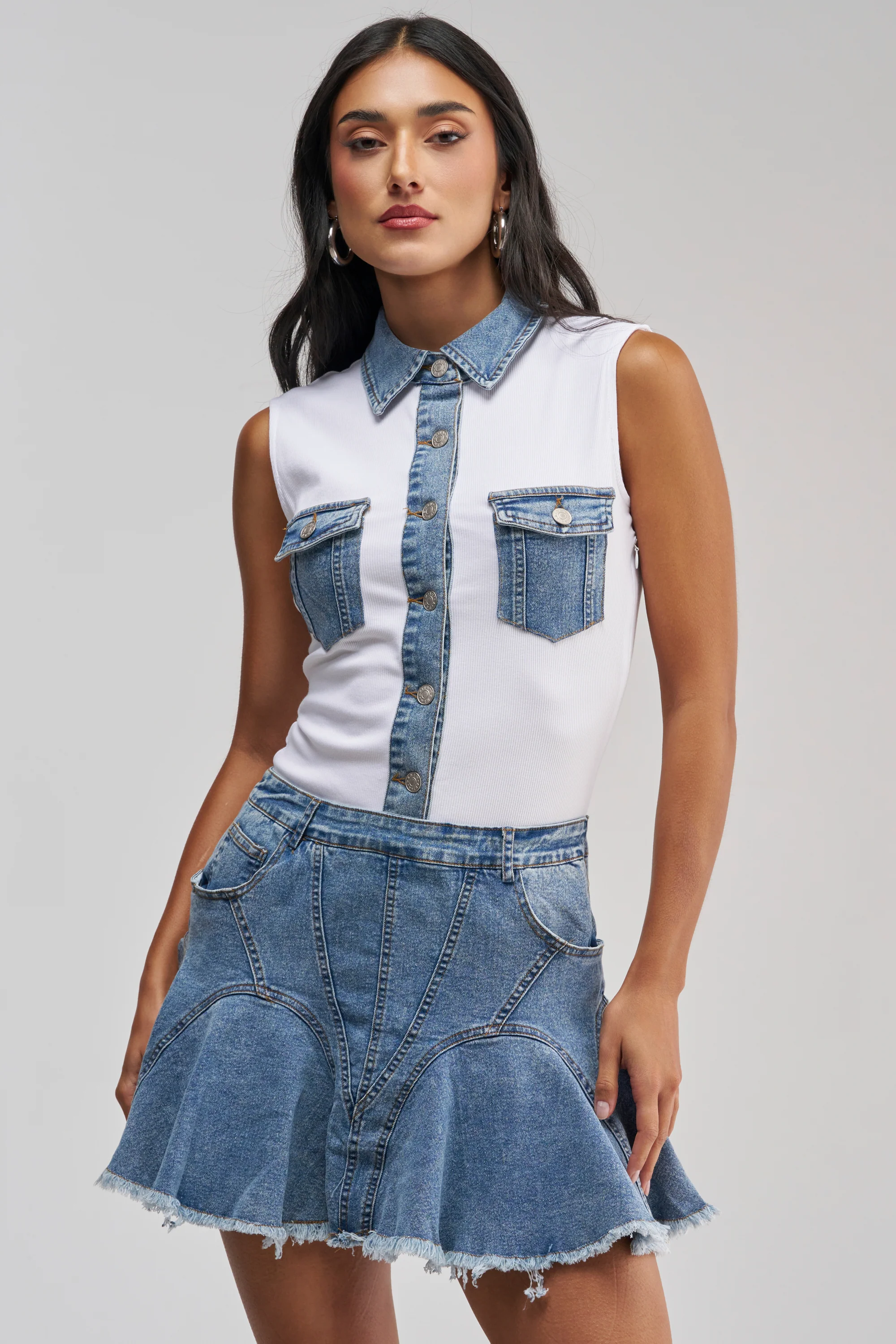 JULIETTE KNIT DENIM SLEEVELESS MINI DRESS - Akira Store