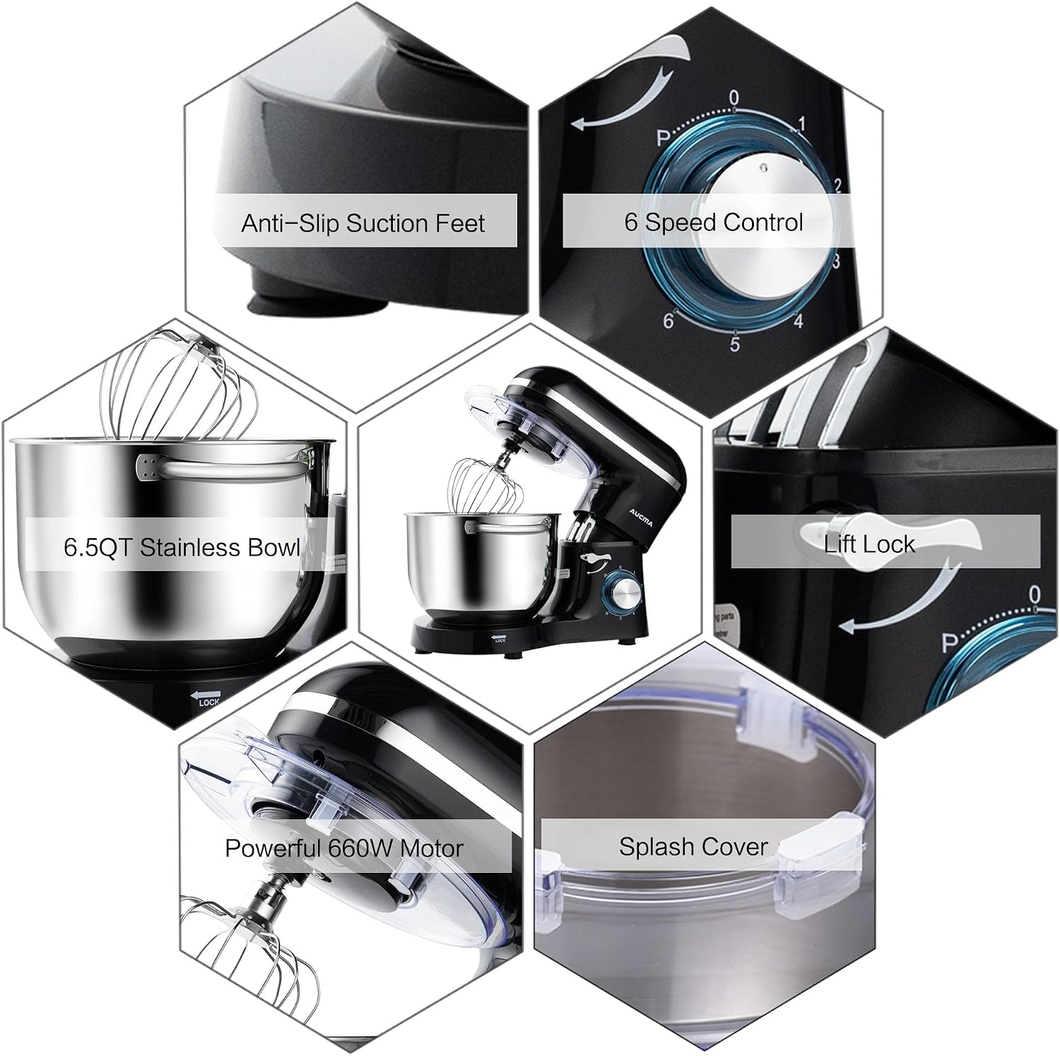 Aucma Stand Mixer, 6.5-QT 660W 6-Speed Tilt-Head Food Mixer, Kitchen Electric Mixer with Dough Hook, Wire Whip & Beater (Black, 6.5QT)